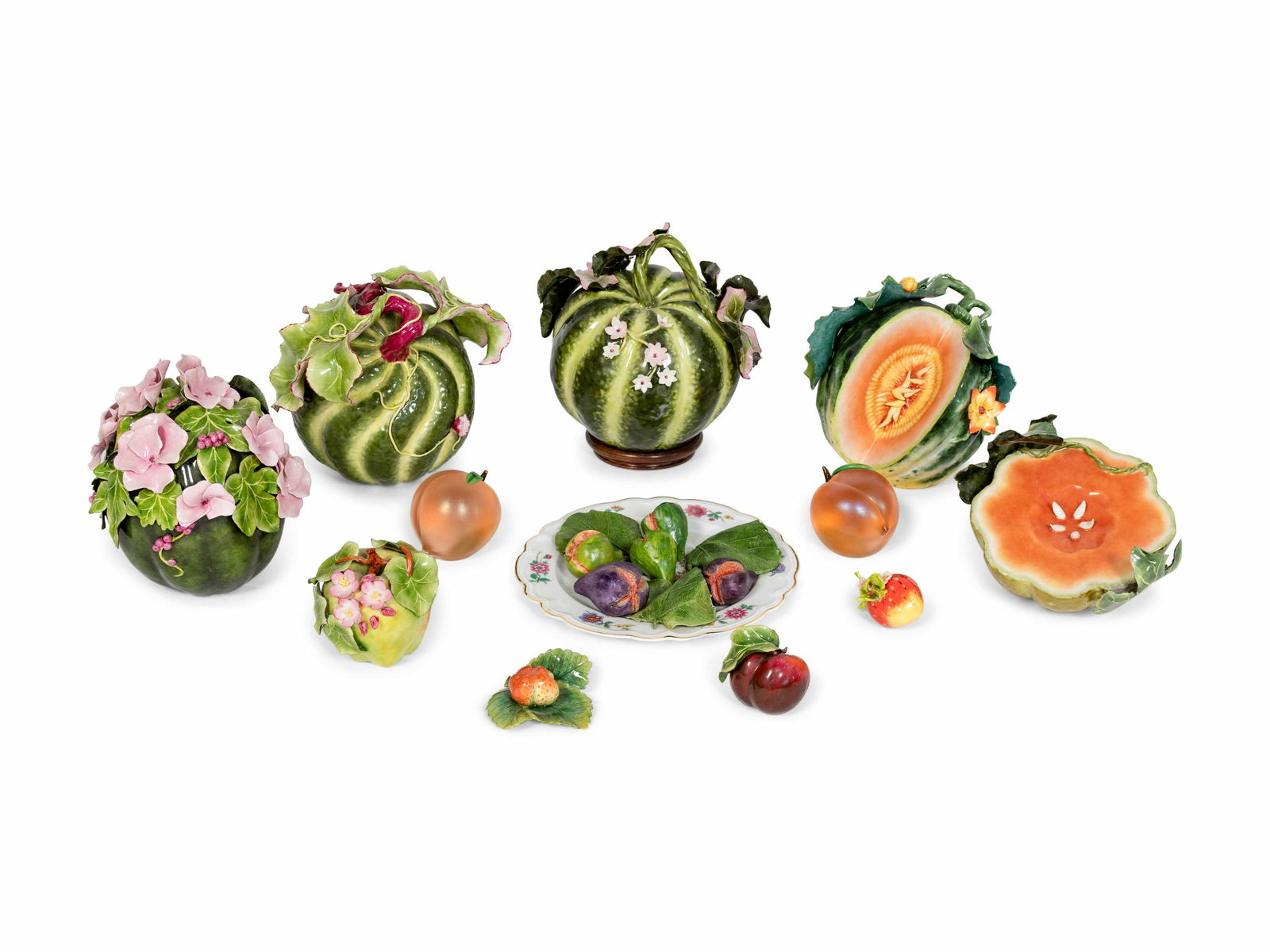 A Collection of Twelve Ceramic and Glass Fruits and (1 of 2)