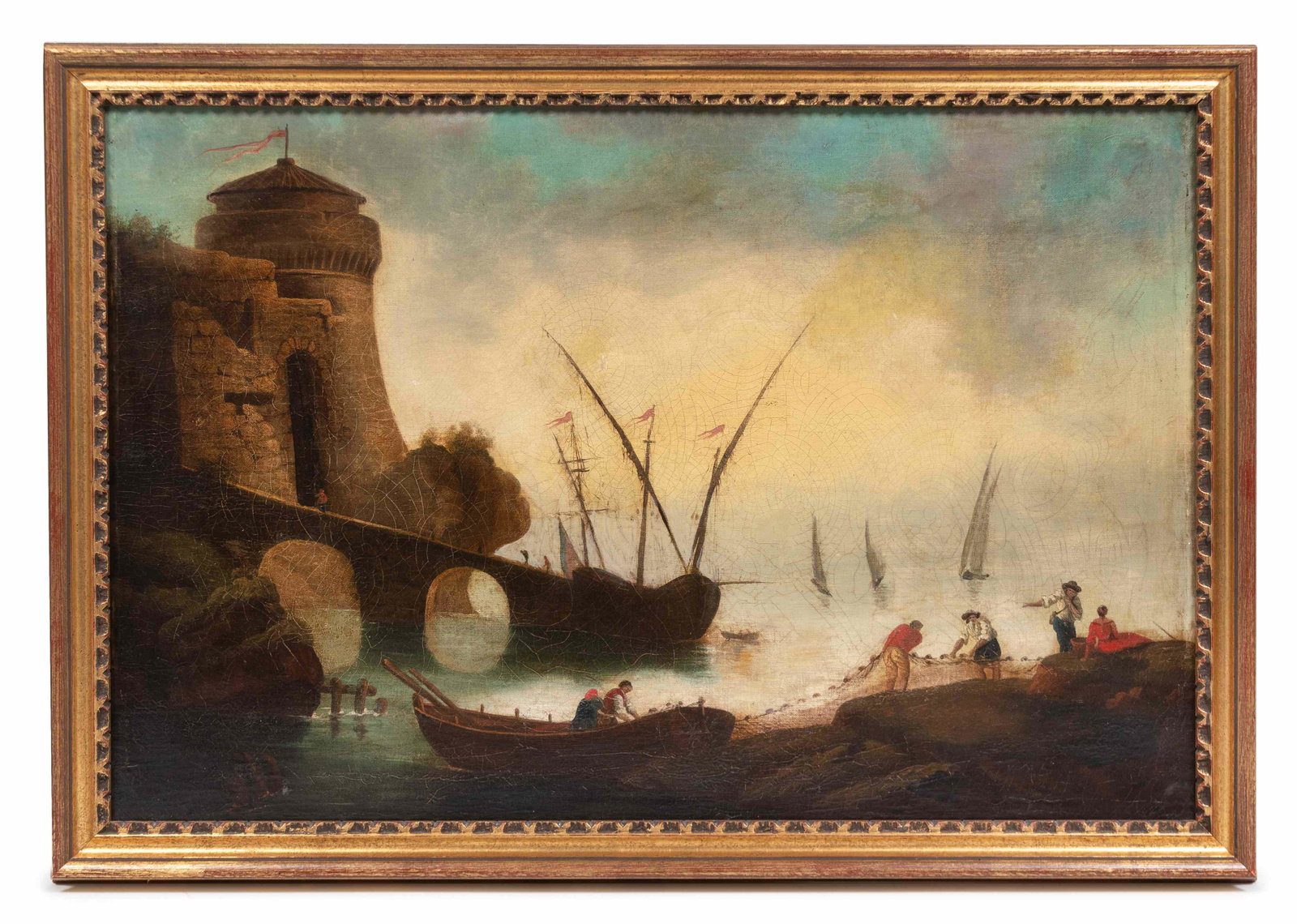 Artist Unknown Continental School, 19th Century: Artist Unknown Continental School, 19th Century Fishermen at the Shore oil on canvas 18 x 28 inches. Property from the Estate of Sally Gatling Tomlinson, Atlanta, Georgia