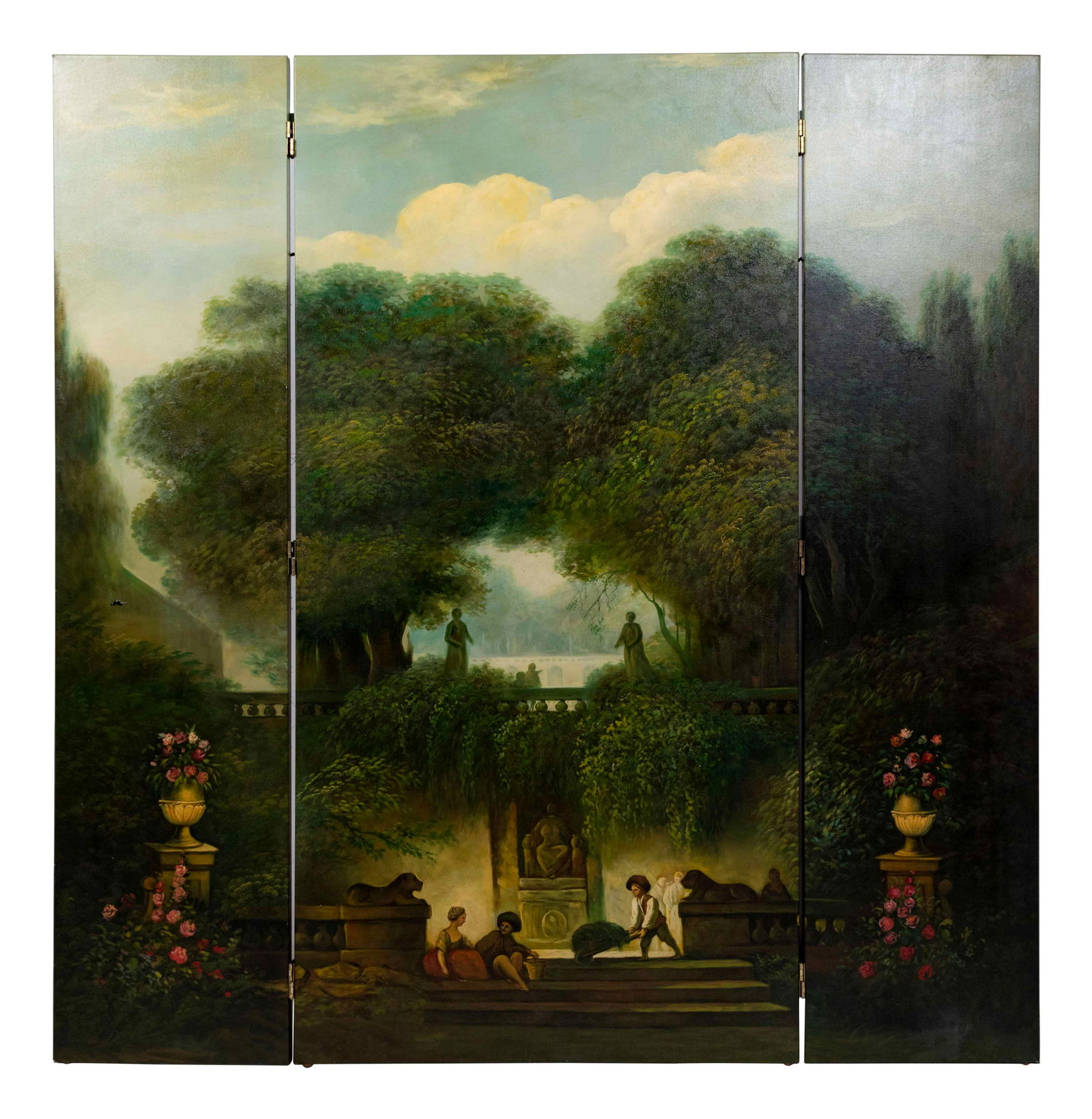 A Continental Painted Canvas Three-Panel Screen Height (1 of 2)