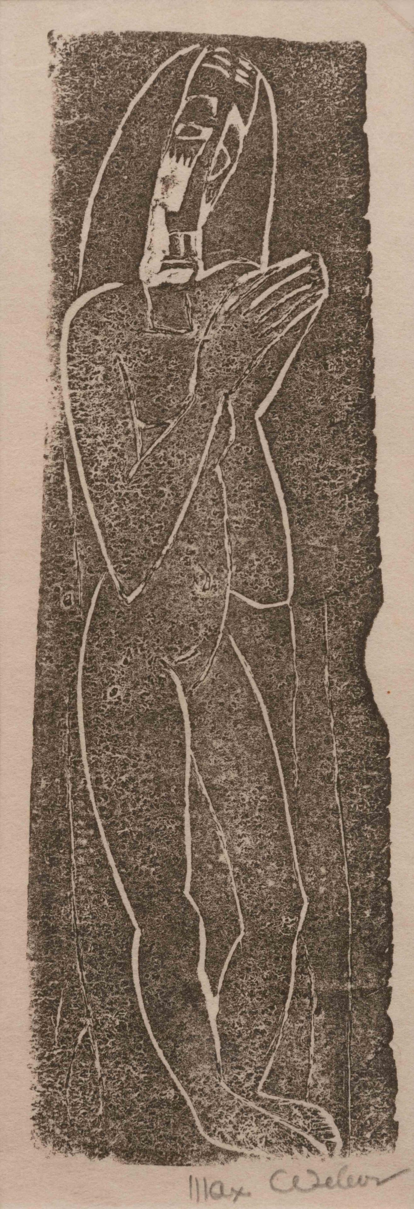 Max Weber (German, 1884-1950) Prayer: Max Weber(German, 1884-1950)Prayerlinoleum cutsigned in pencil9 x 2 3/4 inches.