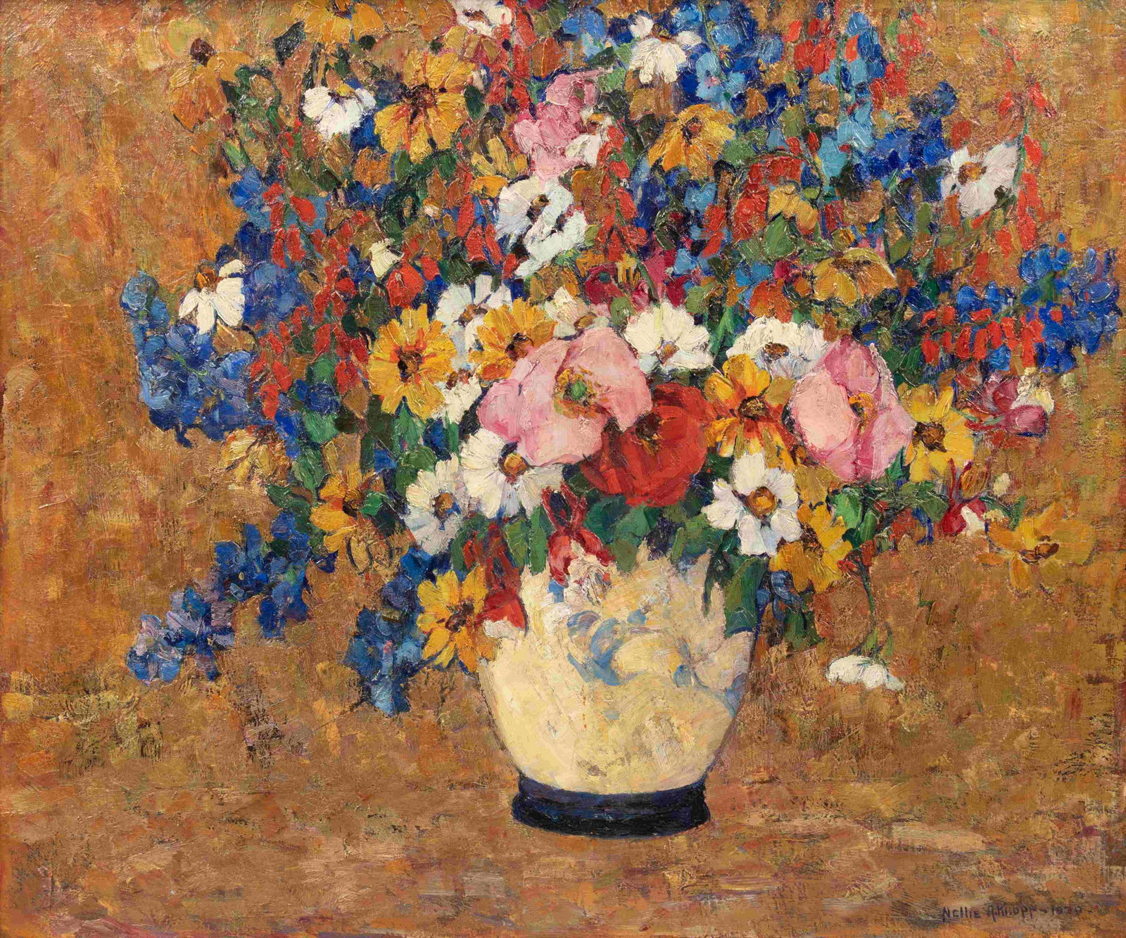 Nellie Augusta Knopf (American, 1875-1962) June: Nellie Augusta Knopf(American, 1875-1962)June Bouquet, 1930oil on canvassigned Nellie A. Knopf and dated (lower right)25 x 30 inches. Property from the Collection of MacMurray College, Jacksonville, I