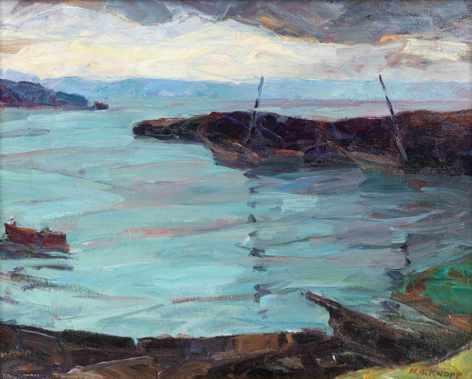 Nellie Augusta Knopf (American, 1875-1962) Harbor Cove: Nellie Augusta Knopf(American, 1875-1962)Harbor Cove with Boatsoil on canvassigned N.A. Knopf (lower right)16 x 20 inches. Provenance: Dr. & Mrs. E.C. Bone Donated by the above to MacMurray College, J