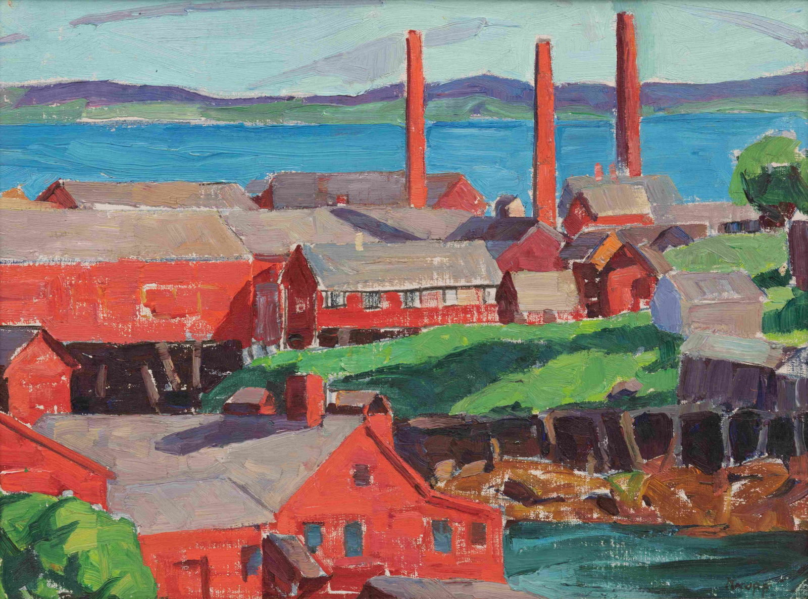 Nellie Augusta Knopf (American, 1875-1962) Fish Houses,: Nellie Augusta Knopf(American, 1875-1962)Fish Houses, Eastport, Maineoil on canvasboardsigned Knopf (lower right); signed and titled (verso)12 x 16 inches. Provenance: Kathleen Hug Hoffman Donated by