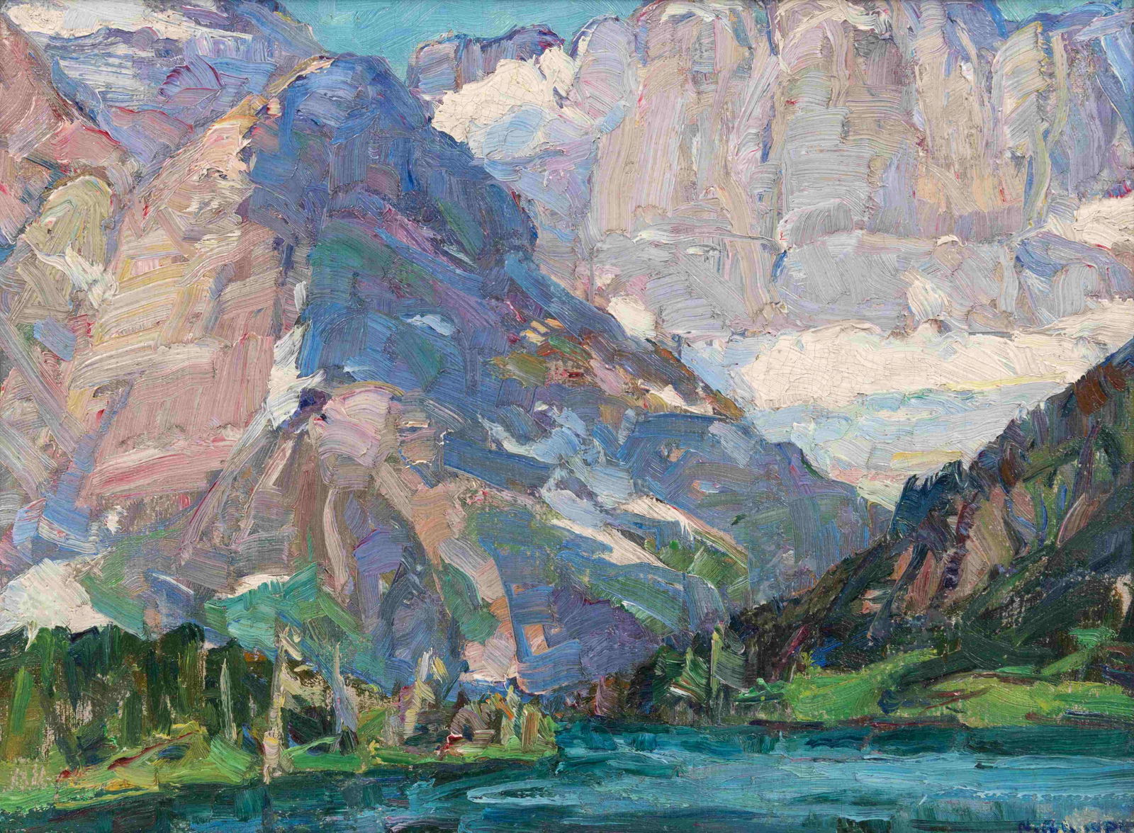 Nellie Augusta Knopf (American, 1875-1962) Lake and: Nellie Augusta Knopf(American, 1875-1962)Lake and Montana Mountains, Glacier Park, 1925oil on canvassigned N.A. Knopf (lower right)12 x 16 inches. Provenance: Harriet Cantrall Shurrager Donated by the