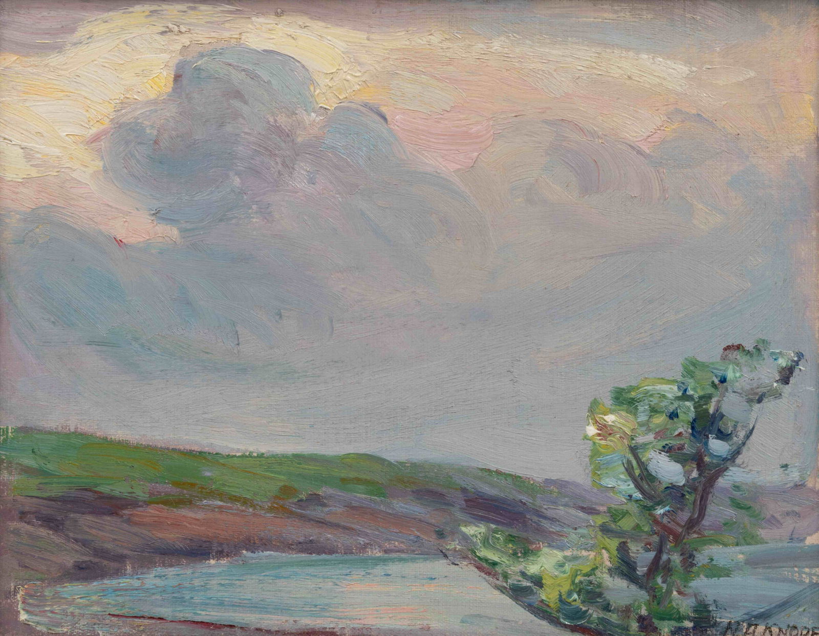 Nellie Augusta Knopf (American, 1875-1962) A Windy Day: Nellie Augusta Knopf(American, 1875-1962)A Windy Day on the Maine Coastoil on canvasboardsigned N.A. Knopf (lower right)8 x 10 inches. Provenance: Dr. & Mrs. E.C. Bone Donated by the above to MacMurra