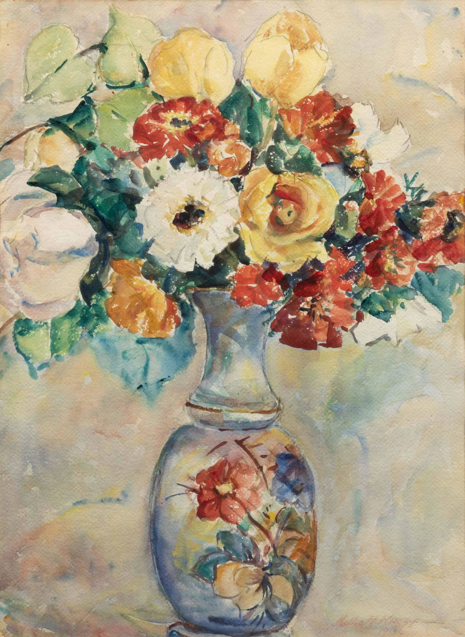 Nellie Augusta Knopf (American, 1875-1962) Still Life: Nellie Augusta Knopf(American, 1875-1962)Still Life with Flowers in a Vasewatercolor, gouache, and graphite on papersigned Nellie A. Knopf (lower right)20 ¾ x 14 ¼ inches. Provenance: Oscar Galloway