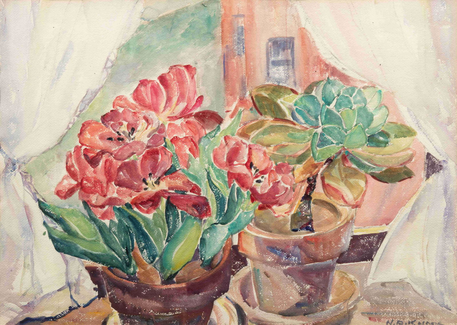 Nellie Augusta Knopf (American, 1875-1962) Tulips in: Nellie Augusta Knopf(American, 1875-1962)Tulips in the Windowwatercolor on papersigned N.A. Knopf (lower right)18 ½ x 24 ½ inches. Property from the Collection of MacMurray College, Jacksonville, Il