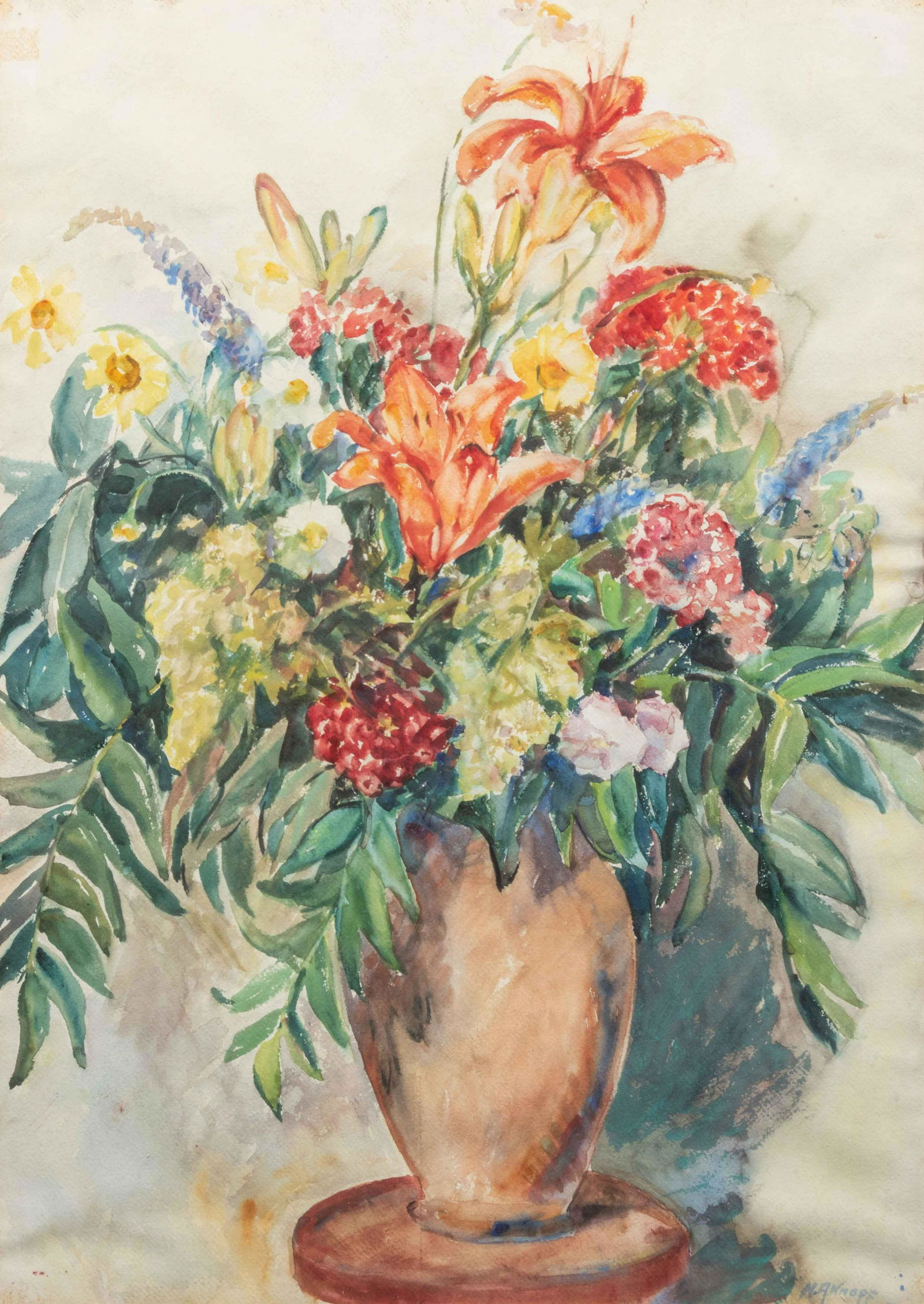 Nellie Augusta Knopf (American, 1875-1962) Flowers in a: Nellie Augusta Knopf(American, 1875-1962)Flowers in a Terracotta Vasewatercolor on papersigned N.A. Knopf (lower right)29 ¾ x 21 ½ inches. Provenance: Dorothy Bernice Graham Negus Donated by the abo