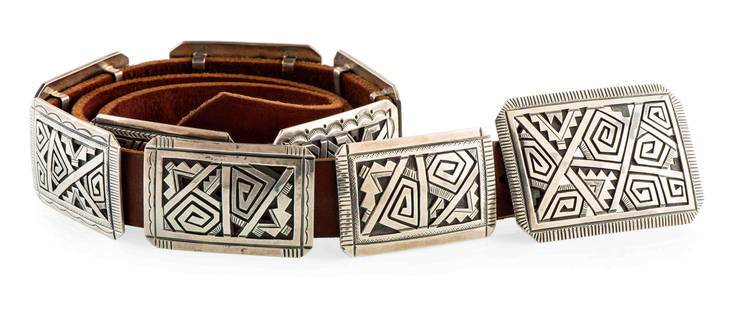 Peter Nelson (Dine, b. 1954) Sterling Silver Concha: Peter Nelson (Dine, b. 1954) Sterling Silver Concha Belt Lot is located and will ship from Denver, Colorado signed and marked STERLING belt length 43-1/2 inches, concha height 1-1/2 inches x length 2-