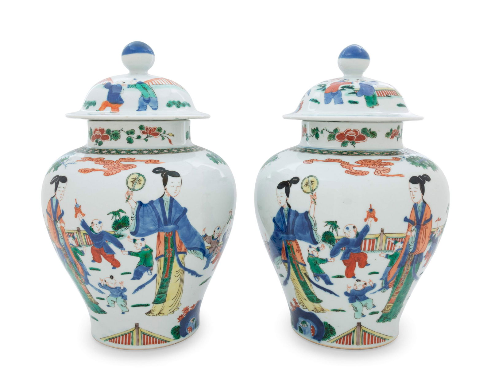 A Pair of Chinese Wucai Porcelain Covered Jars (1 of 2)