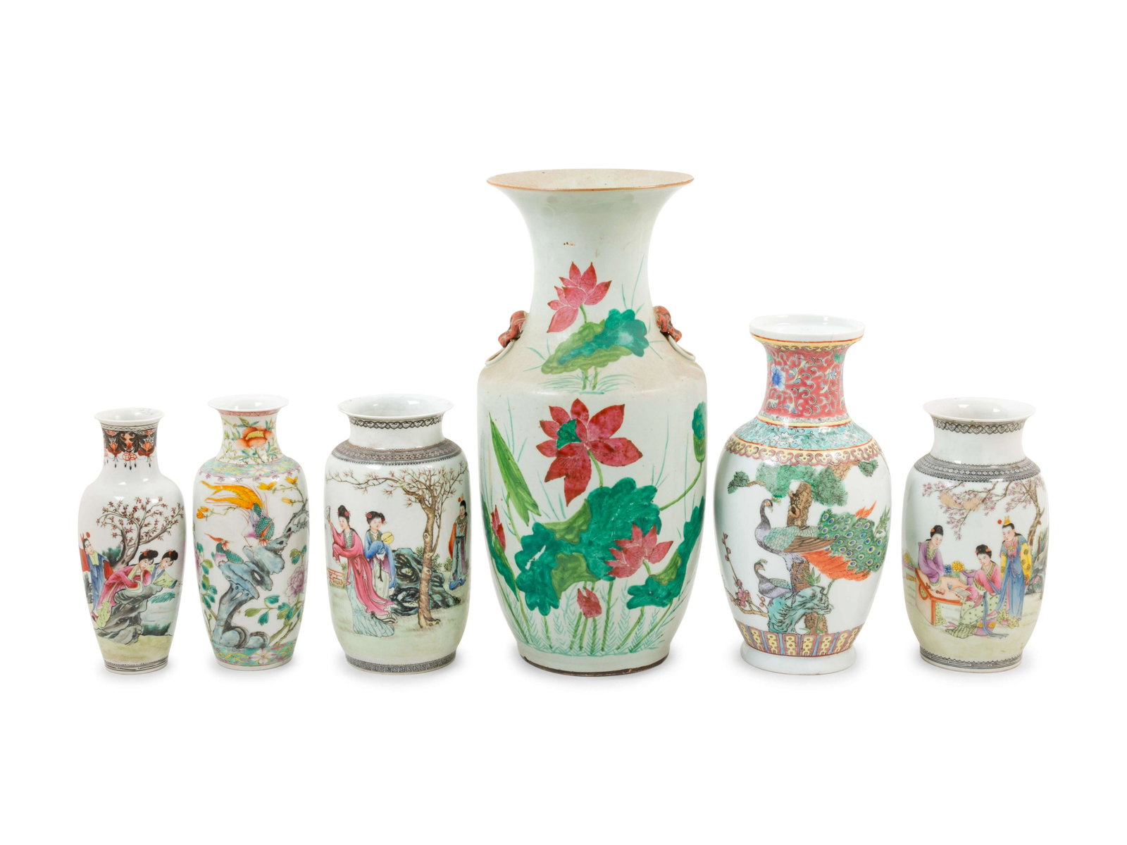 Six Chinese Famille Rose Porcelain Vases: Six Chinese Famille Rose Porcelain Vases each of baluster form, rising from a straight foot to sloping shoulders, and an everted mouth rim, decorated with various figures and flowers. Height of larges