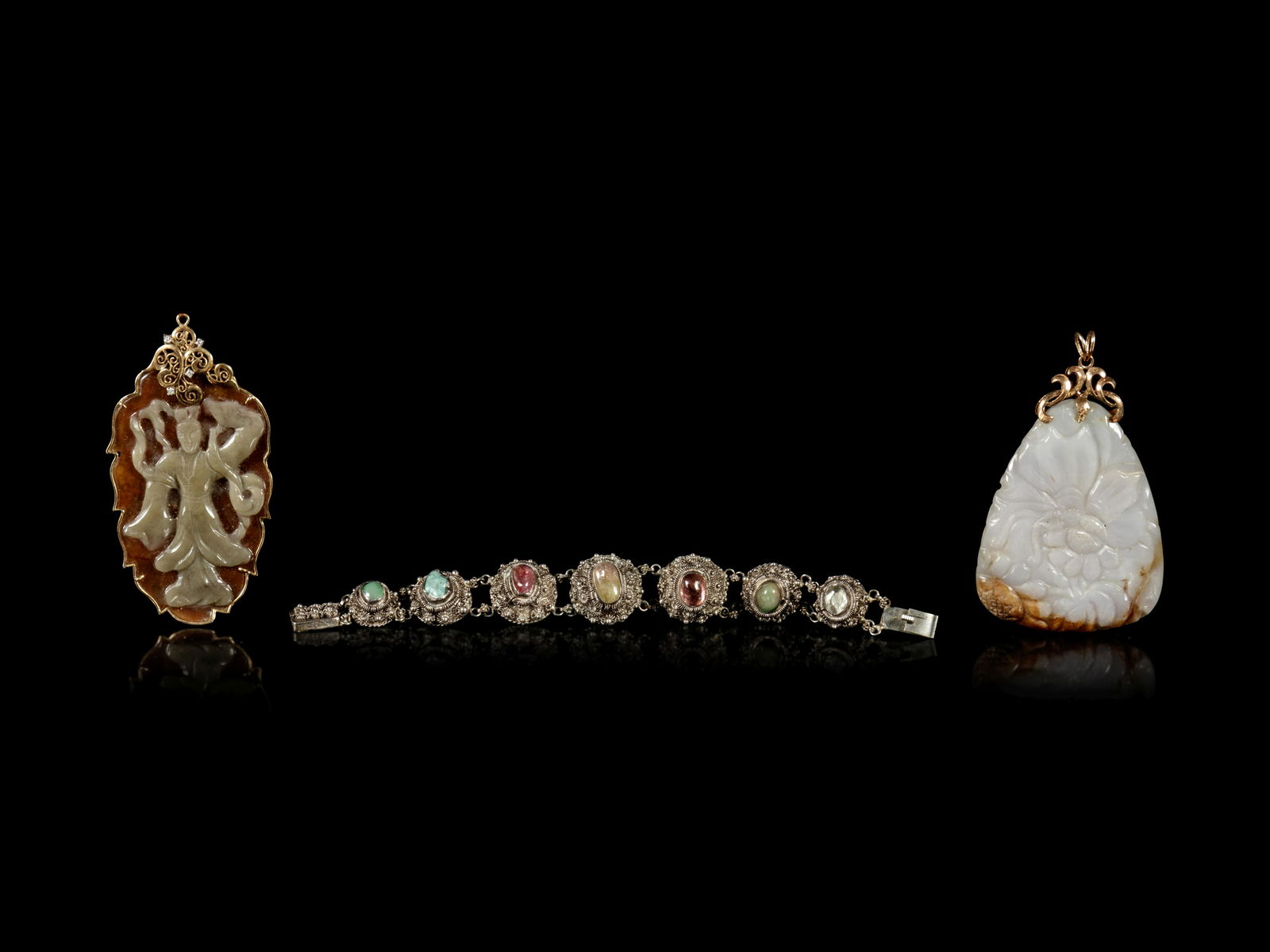 Three Chinese Jadeite and Hardstone Inset Jewelry (1 of 4)