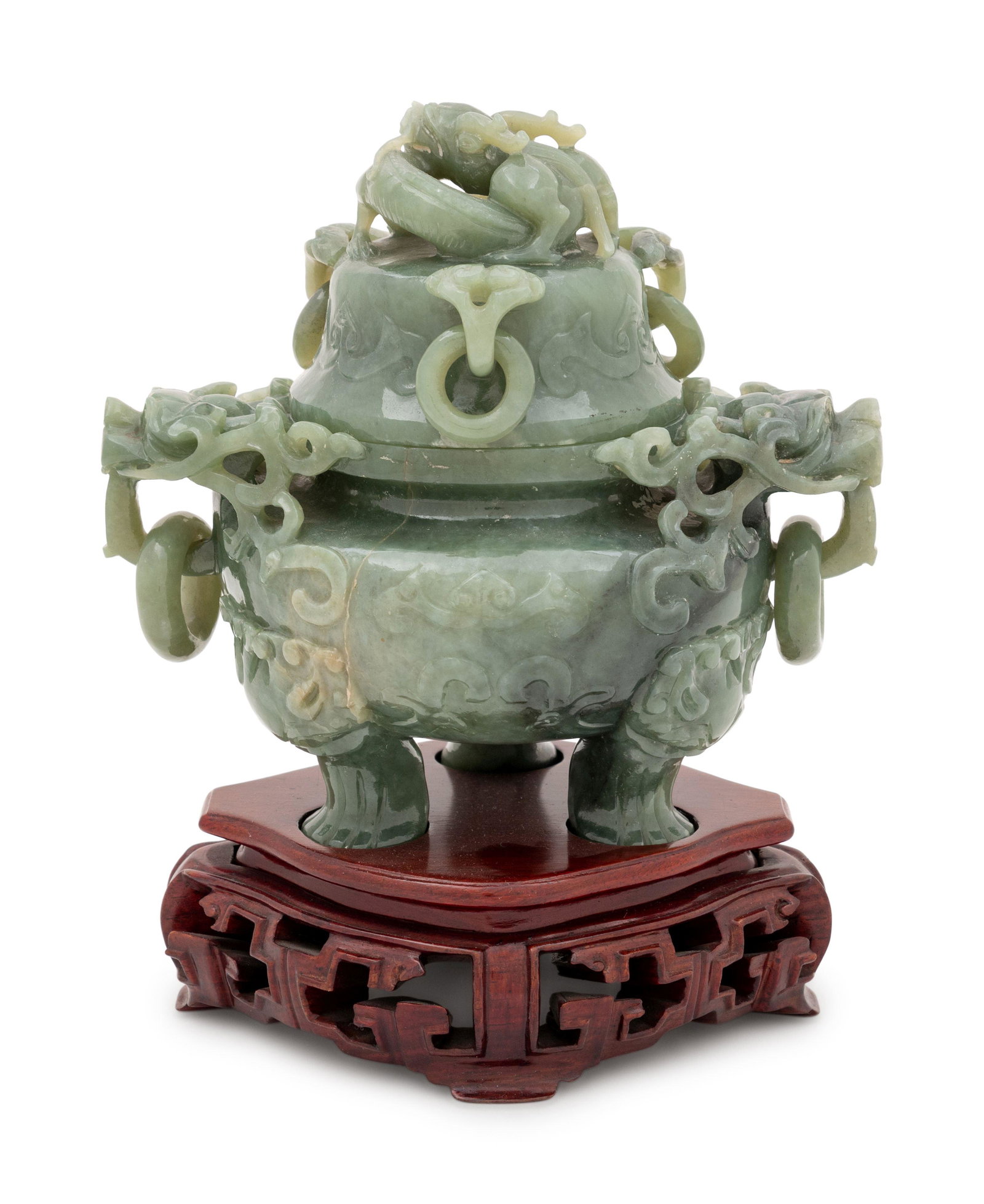 A Chinese Celadon Jade Tripod Incense Burner and Cover (1 of 2)