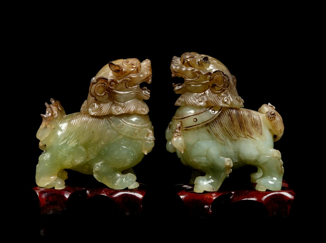 A Pair of Chinese Jade and Serpentine Fu Lion Censers (1 of 3)