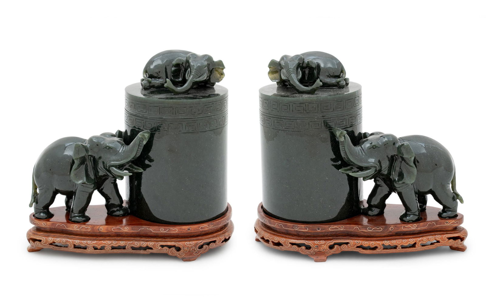 A Pair of Chinese Dark Green Hardstone Boxes and Covers (1 of 2)