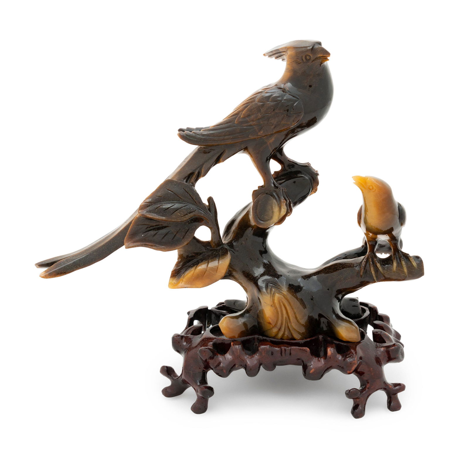 A Chinese Tiger's Eye Stone Figural Group of Two Birds (1 of 2)
