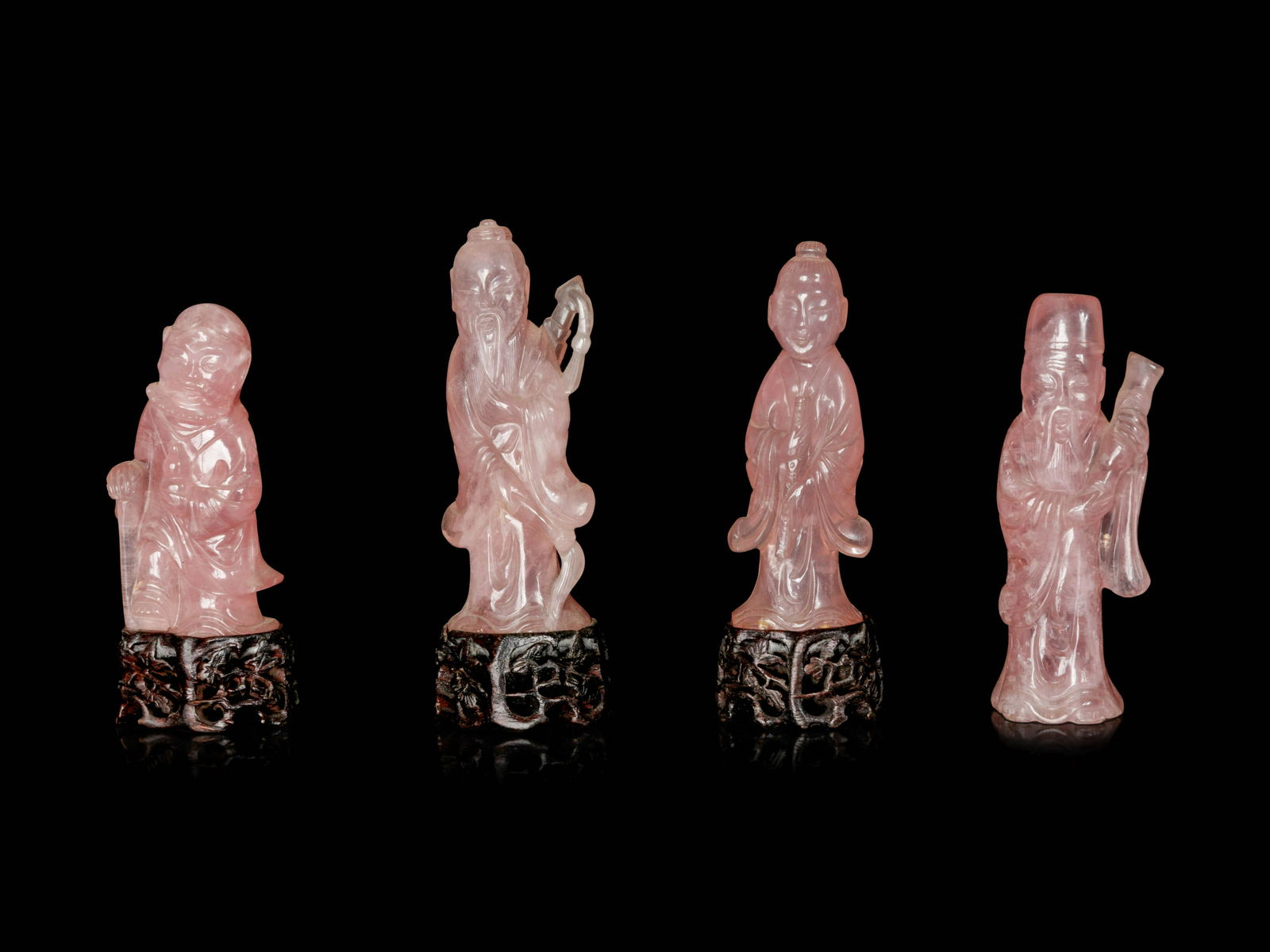 Four Chinese Carved Rose Quartz Figures of Immortals (1 of 3)