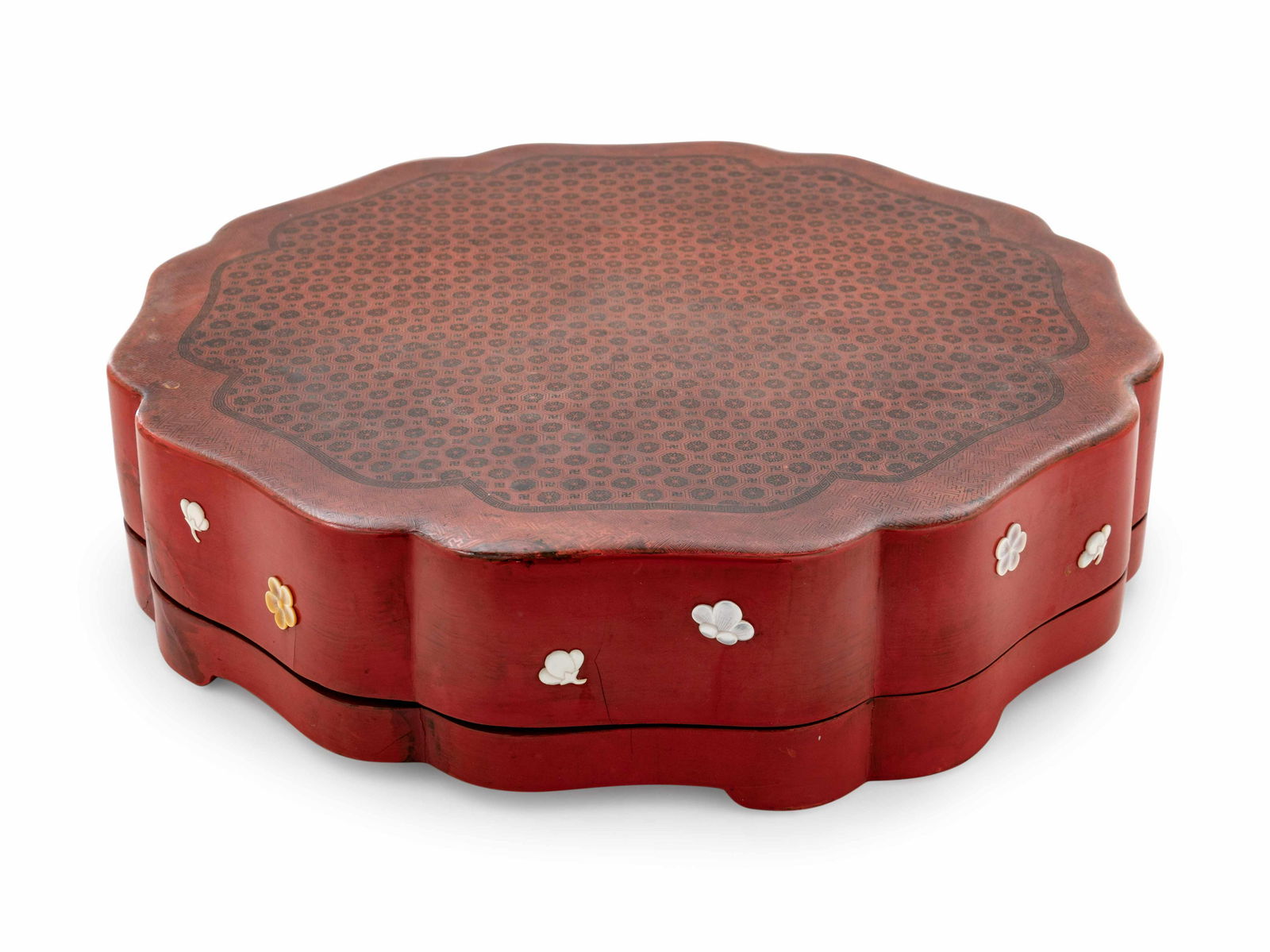 A Chinese Red Lacquered Octafoil Flori-Form Box (1 of 4)