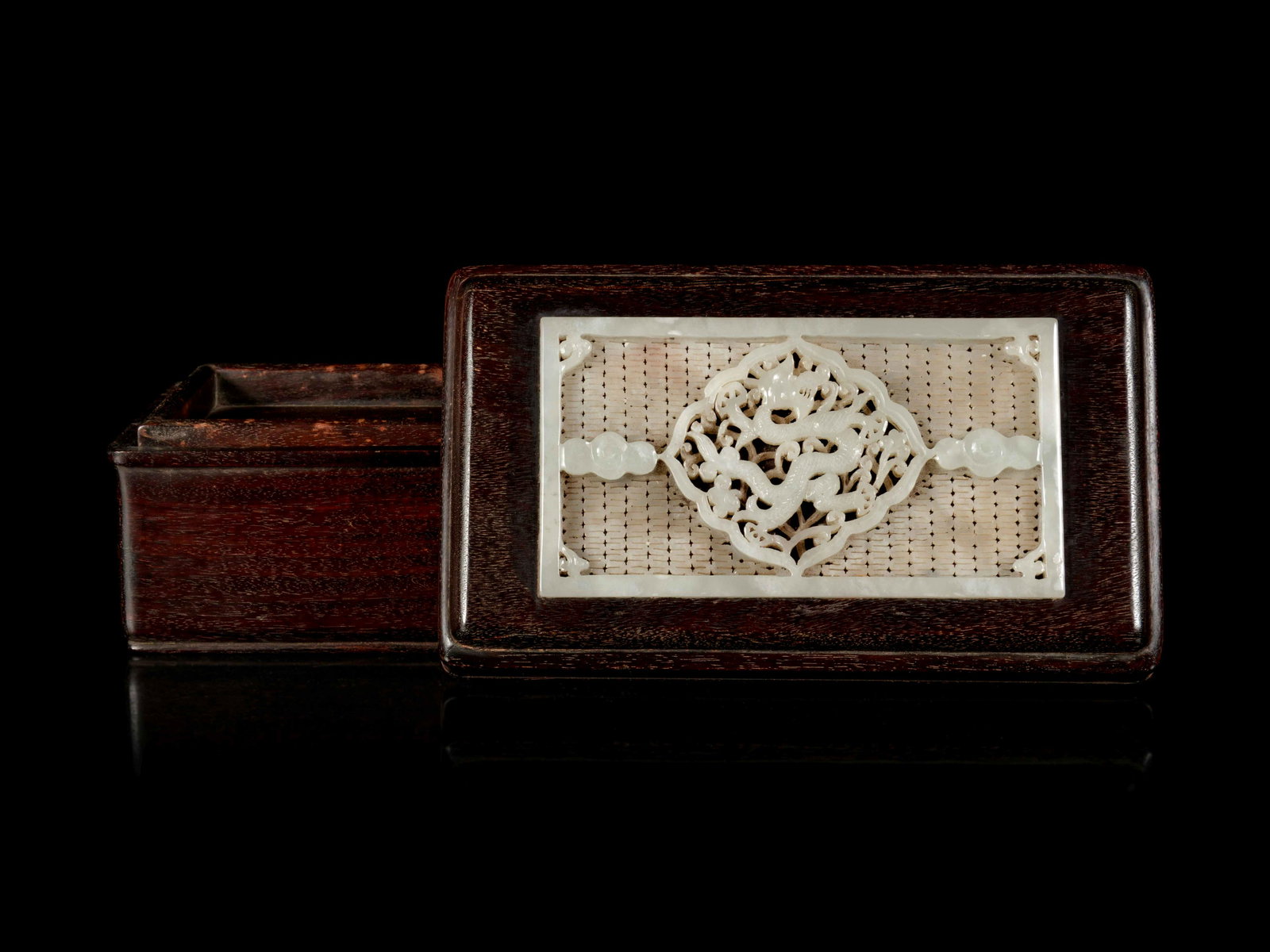 A Chinese White Jade Inset Zitan wood Covered Box (1 of 3)