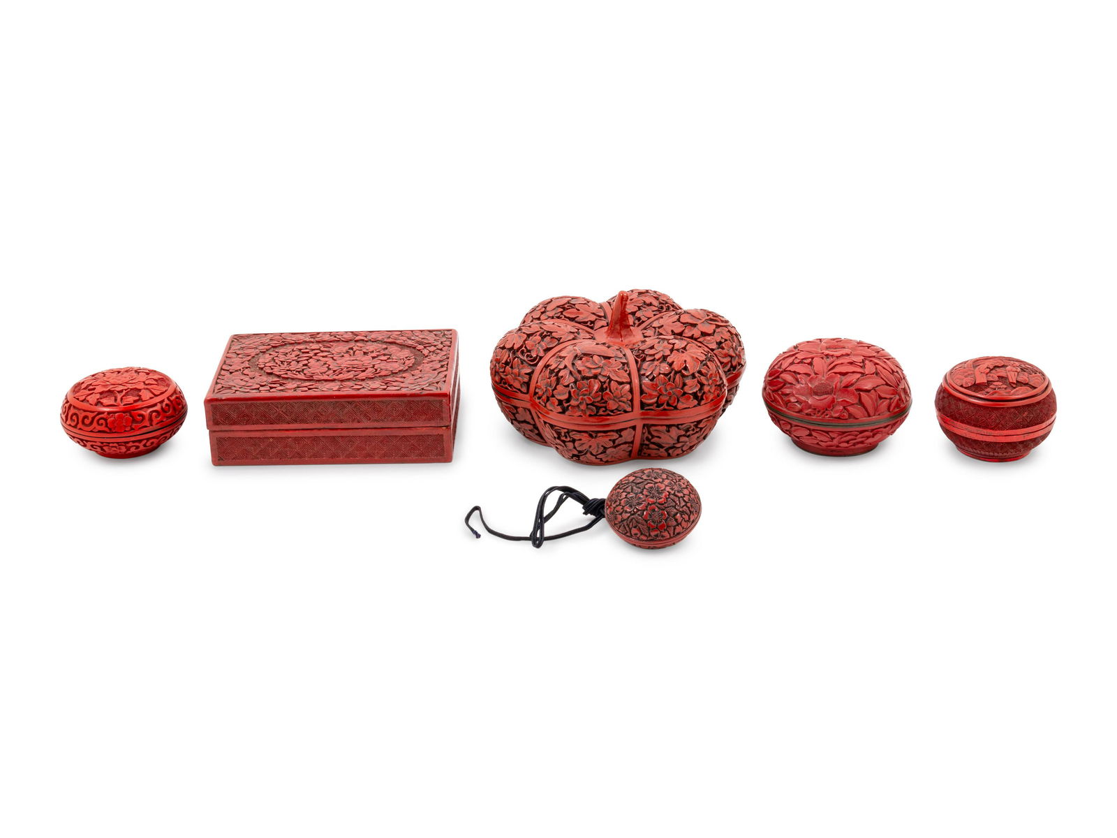 Six Chinese Carved Red Lacquer Covered Boxes (1 of 3)