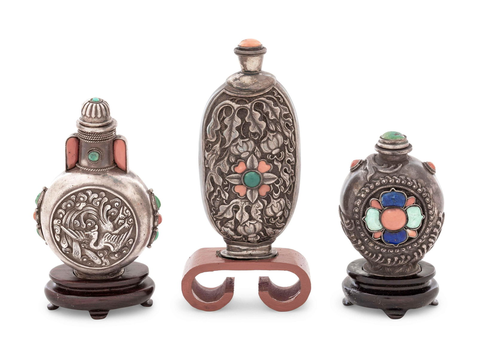 Three Chinese Hardstone Mounted Silver Snuff Bottles (1 of 2)