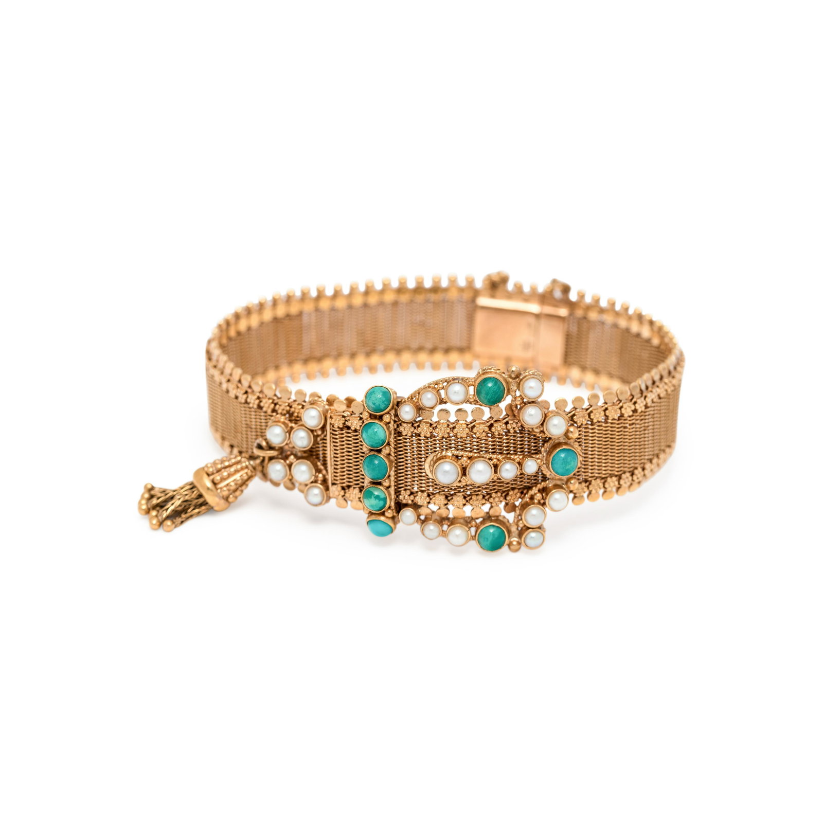 YELLOW GOLD AND GEMSTONE BELT MOTIF BRACELET: YELLOW GOLD AND GEMSTONE BELT MOTIF BRACELET Consisting of a mesh link bracelet edged with florettes, the belt buckle motif containing eight round cabochon blue hardstones and 22 cultured pearls, with