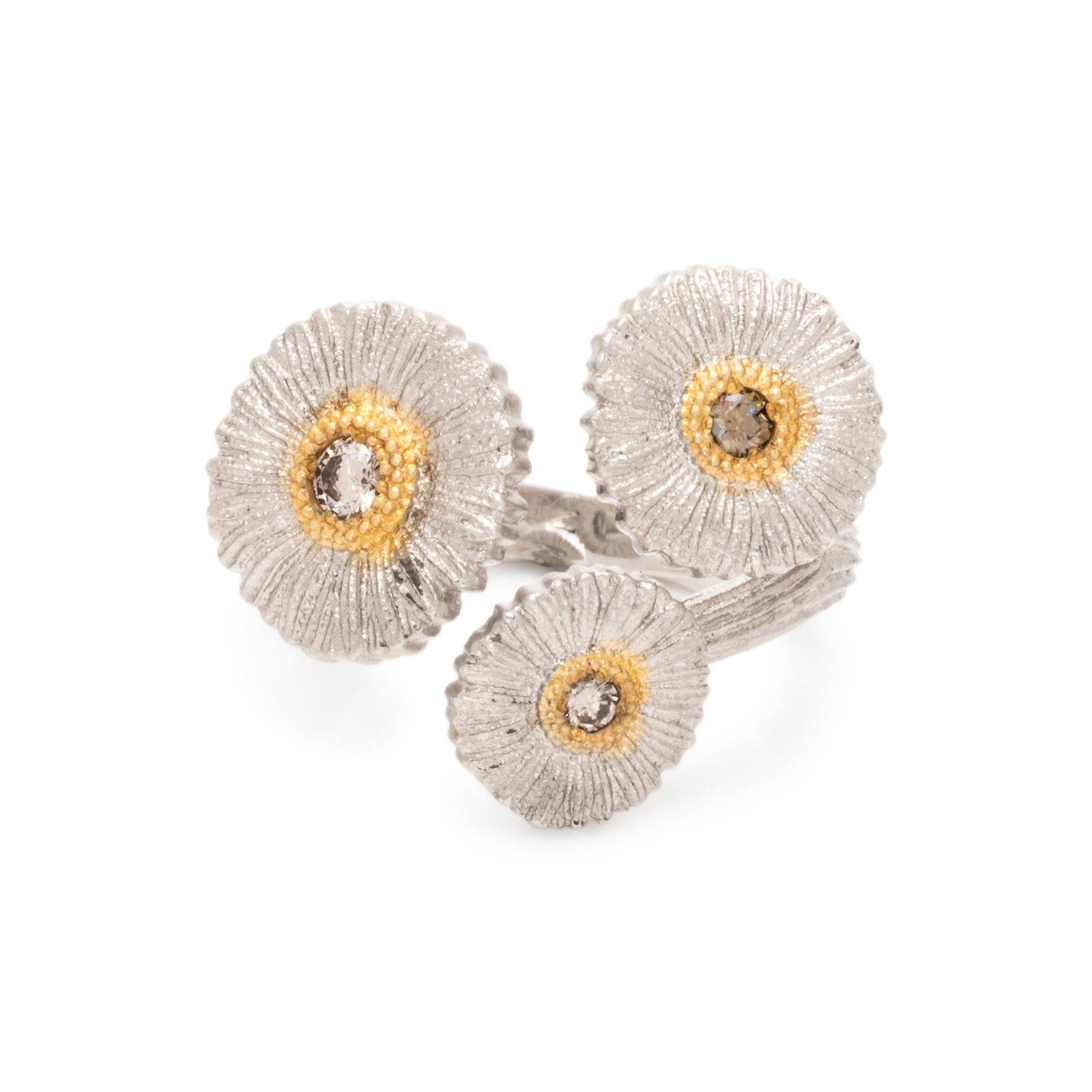BUCCELLATI, STERLING SILVER, YELLOW GOLD AND DIAMOND: BUCCELLATI, STERLING SILVER, YELLOW GOLD AND DIAMOND 'BLOSSOMS' RING Consisting of a silver bypass flower design containing three diamonds and colored diamonds (origin of color not tested) weighing ap
