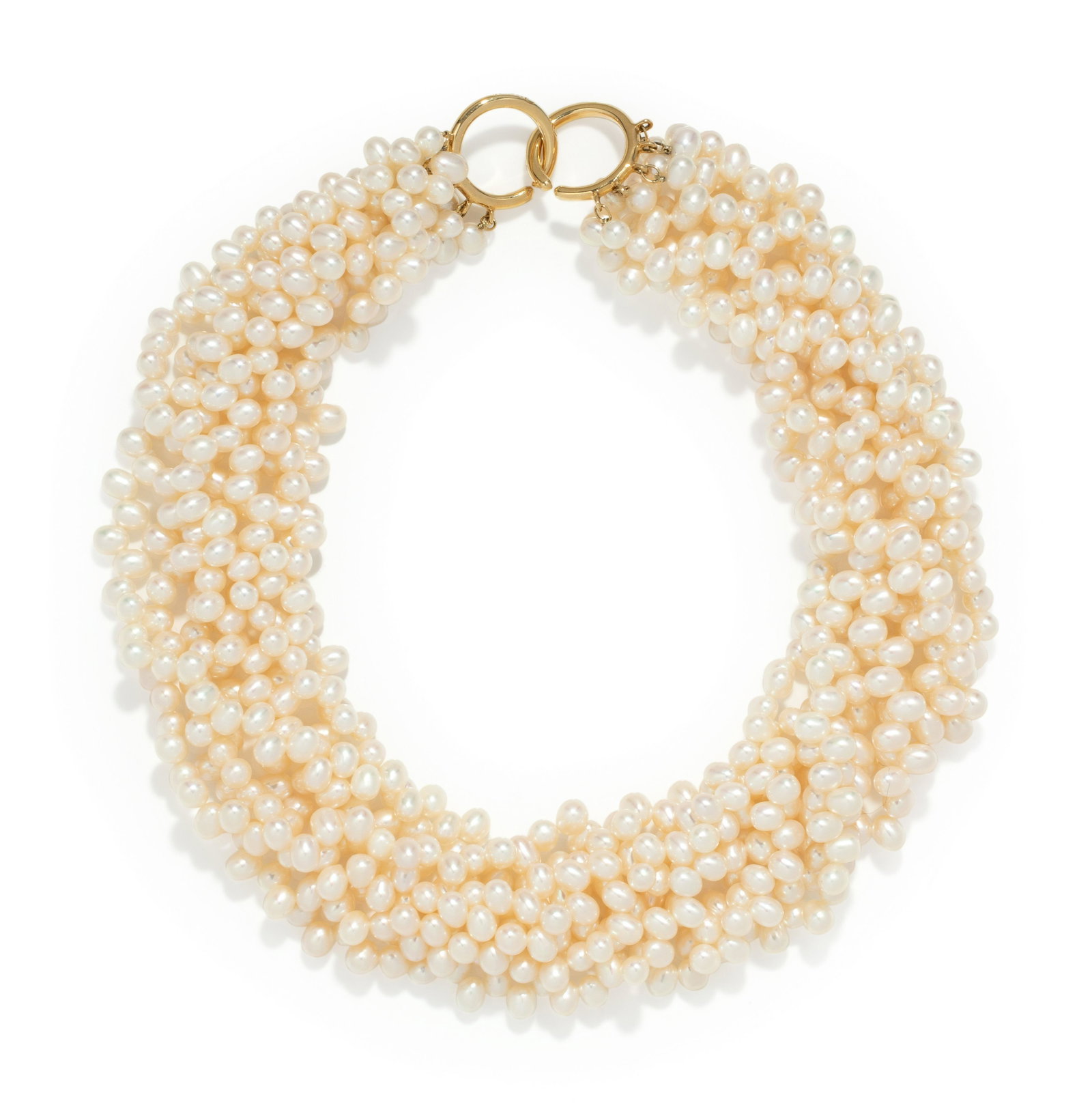 TIFFANY & CO., PALOMA PICASSO, CULTURED PEARL TORSADE: TIFFANY & CO., PALOMA PICASSO, CULTURED PEARL TORSADE NECKLACE Consisting of eight strands of pearls with a yellow gold clasp. Stamp: TIFFANY&CO 750 Paloma Picasso. 124.05 dwt. Property from the Colle