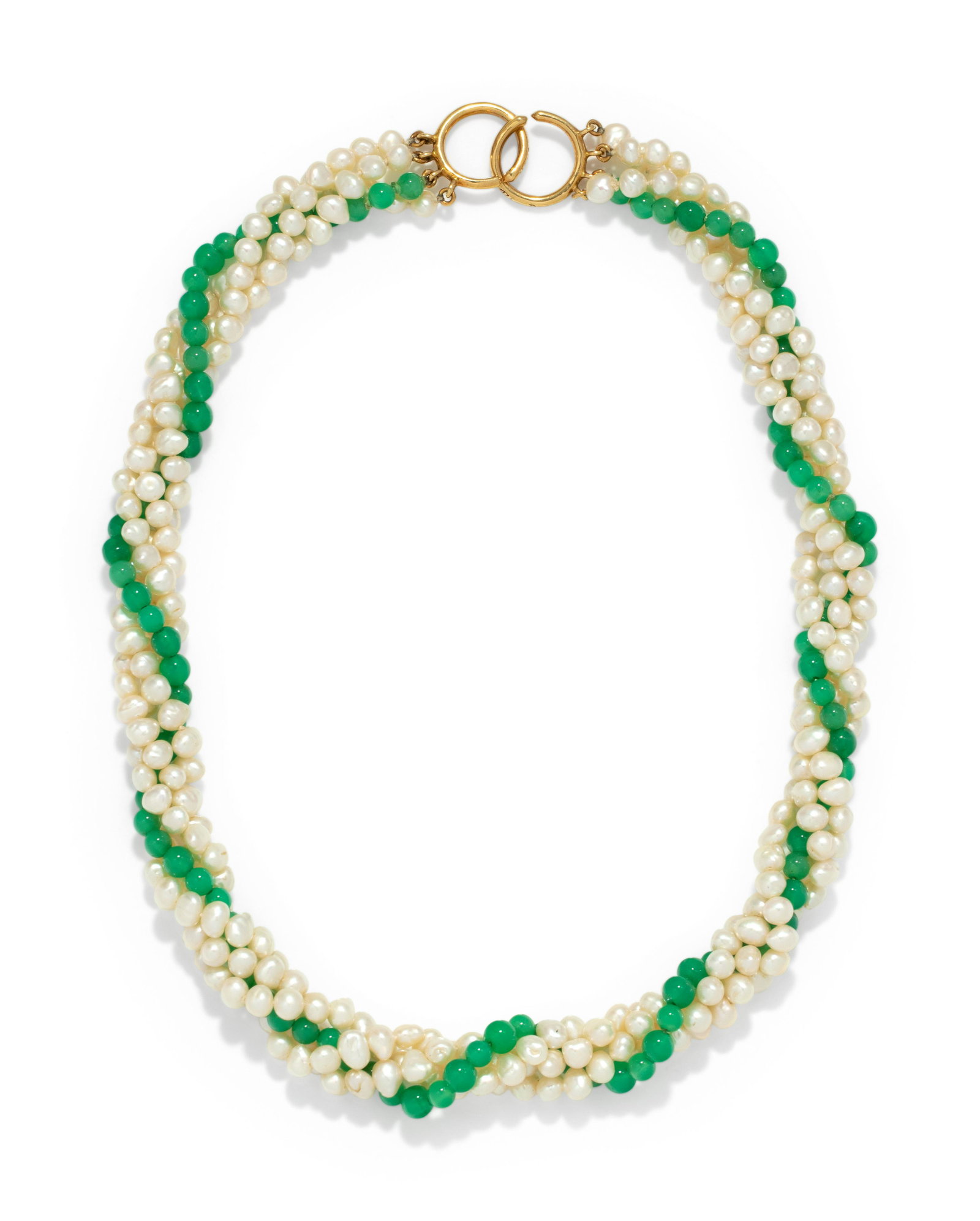 TIFFANY & CO., PALOMA PICASSO, CULTURED PEARL AND: TIFFANY & CO., PALOMA PICASSO, CULTURED PEARL AND CHRYSOPRASE TORSADE NECKLACE Consisting of three strands of freshwater pearls measuring approximately 4.60-5.40 mm wide and one strand of chrysoprase 
