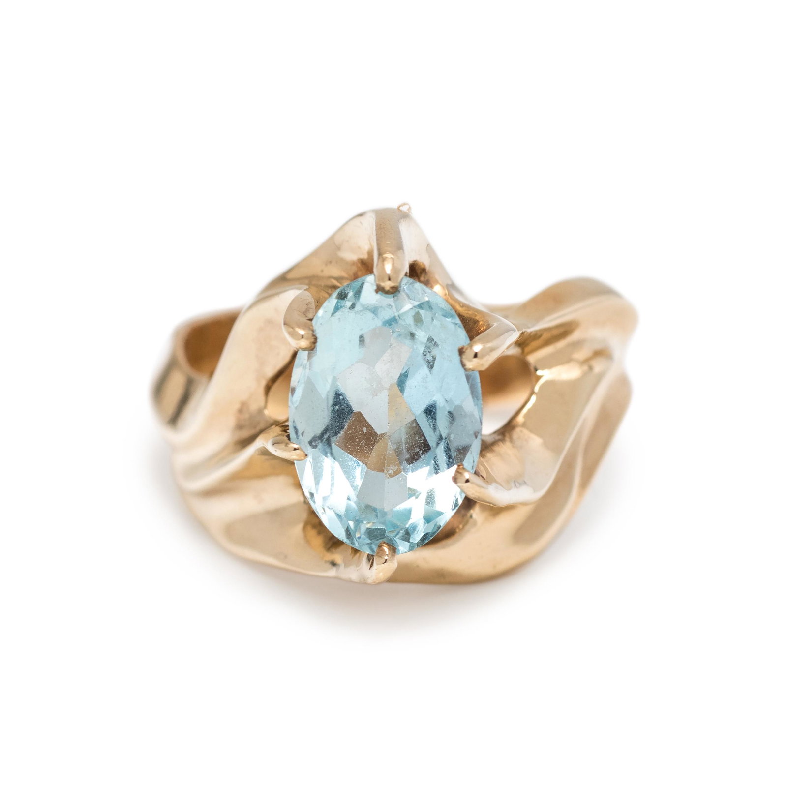 AQUAMARINE RING: AQUAMARINE RING Containing one oval mixed cut aquamarine measuring approximately 12.10 x 8.45 x 5.85 mm. Mounted in yellow gold. Stamp: 14K (maker's mark) LASMER. 6.45 dwt. Property from the Estate of