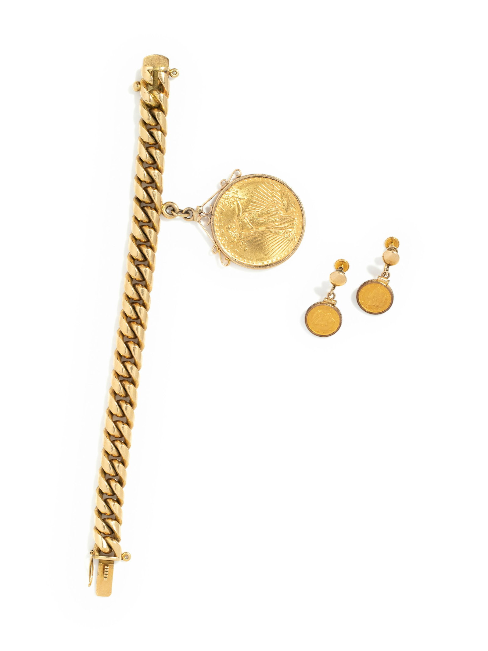 COLLECTION OF YELLOW GOLD AND COIN JEWELRY: COLLECTION OF YELLOW GOLD AND COIN JEWELRY Consisting of an 18 karat curb link bracelet measuring approximately 10.75 mm wide, suspending one US $20 Liberty coin, dated 1910, together with a pair of 1