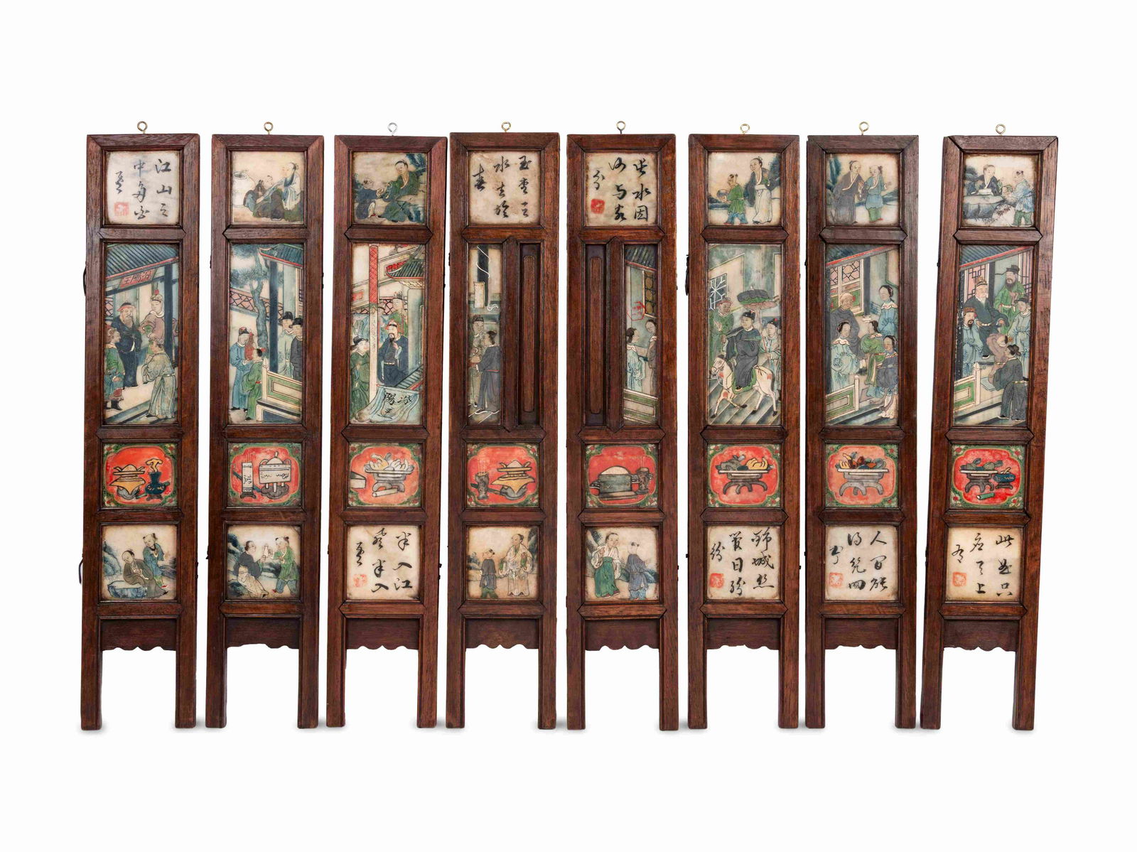 A Chinese Painted and Hardstone Inset Wood Eight-Panel (1 of 2)