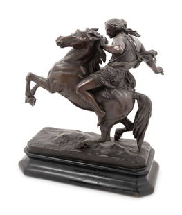 Jean-Jacques Feuchere (French, 1807-1852): Jean-Jacques Feuchere (French, 1807-1852) Amazone Domptant un Cheval bronze signed Feuchere 1843 Height of bronze 17 1/4 x width 19 inches.