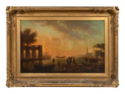 Manner of Claude-Joseph Vernet (French, 1714-1789): Manner of Claude-Joseph Vernet (French, 1714-1789) 18th Century A Rowing Party in a Harbor at Sunset oil on canvas 23 x 36 1/2 inches. Provenance: DuMouchelles, Detroit, 1976 Property from the