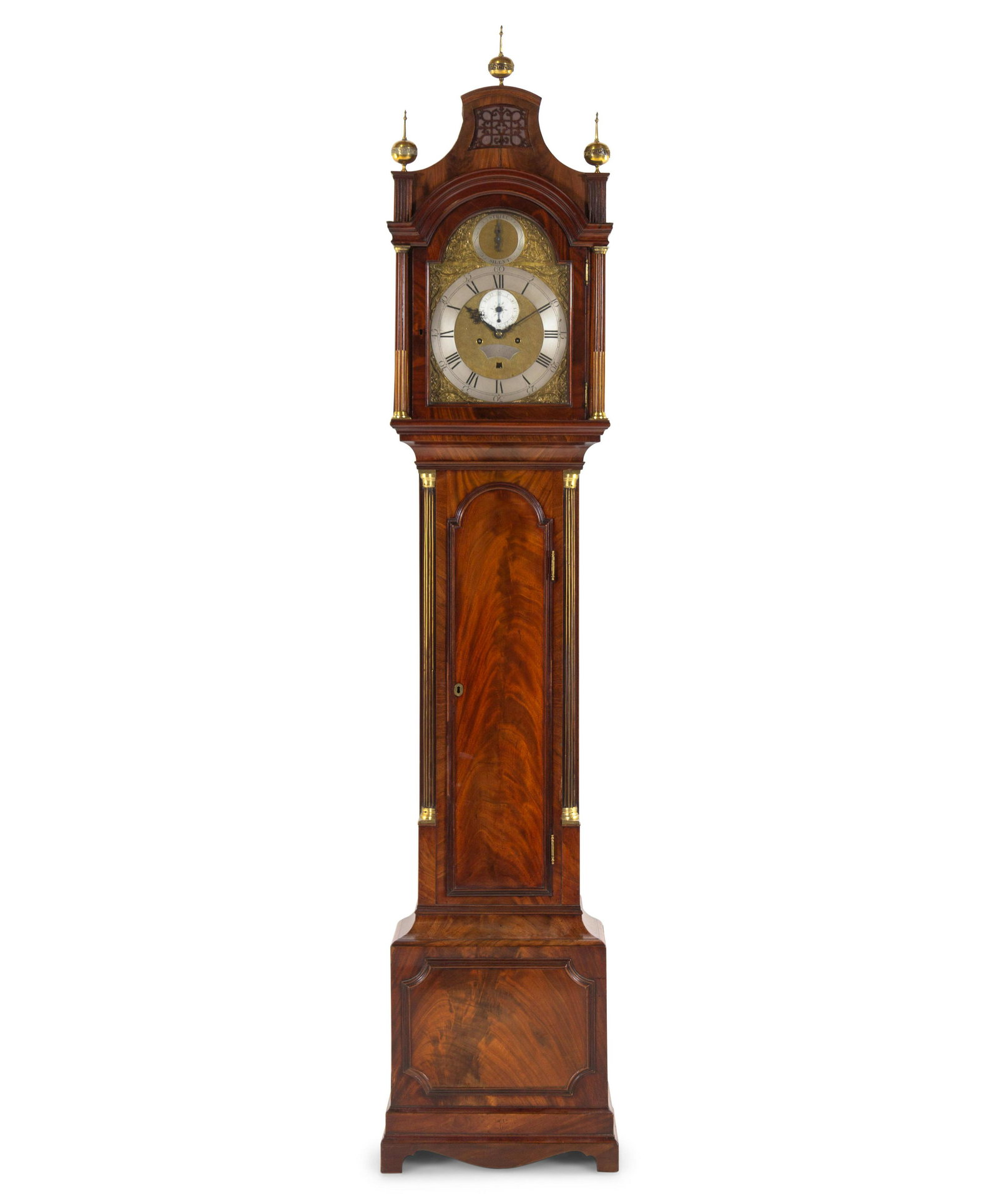 A George III Brass Mounted and Figured Mahogany Tall: A George III Brass Mounted and Figured Mahogany Tall Case Clock John Taylor, London, Circa 1780 the dial inscribed John Taylor/ London. Height 98 x width 20 1/2 x depth 10 inches. Provenance: Stair &