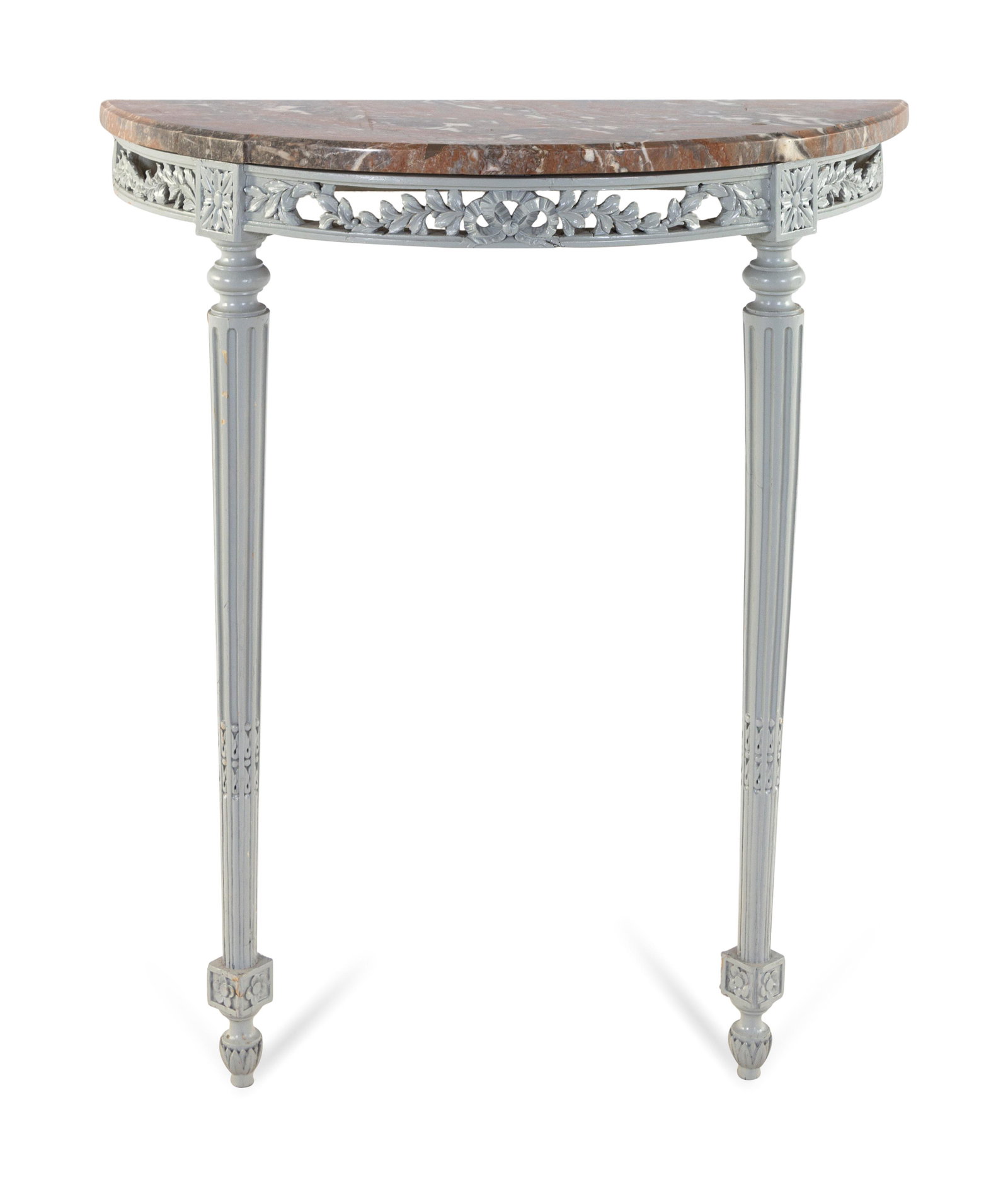 A Louis XVI Style White-Painted Marble-Top Demilune: A Louis XVI Style White-Painted Marble-Top Demilune Console Table Possibly Italian, 20th Century Height 34 1/4 x width 31 1/4 x depth 13 1/4 inches. Property from a Private Collector, Chicago, Illinoi