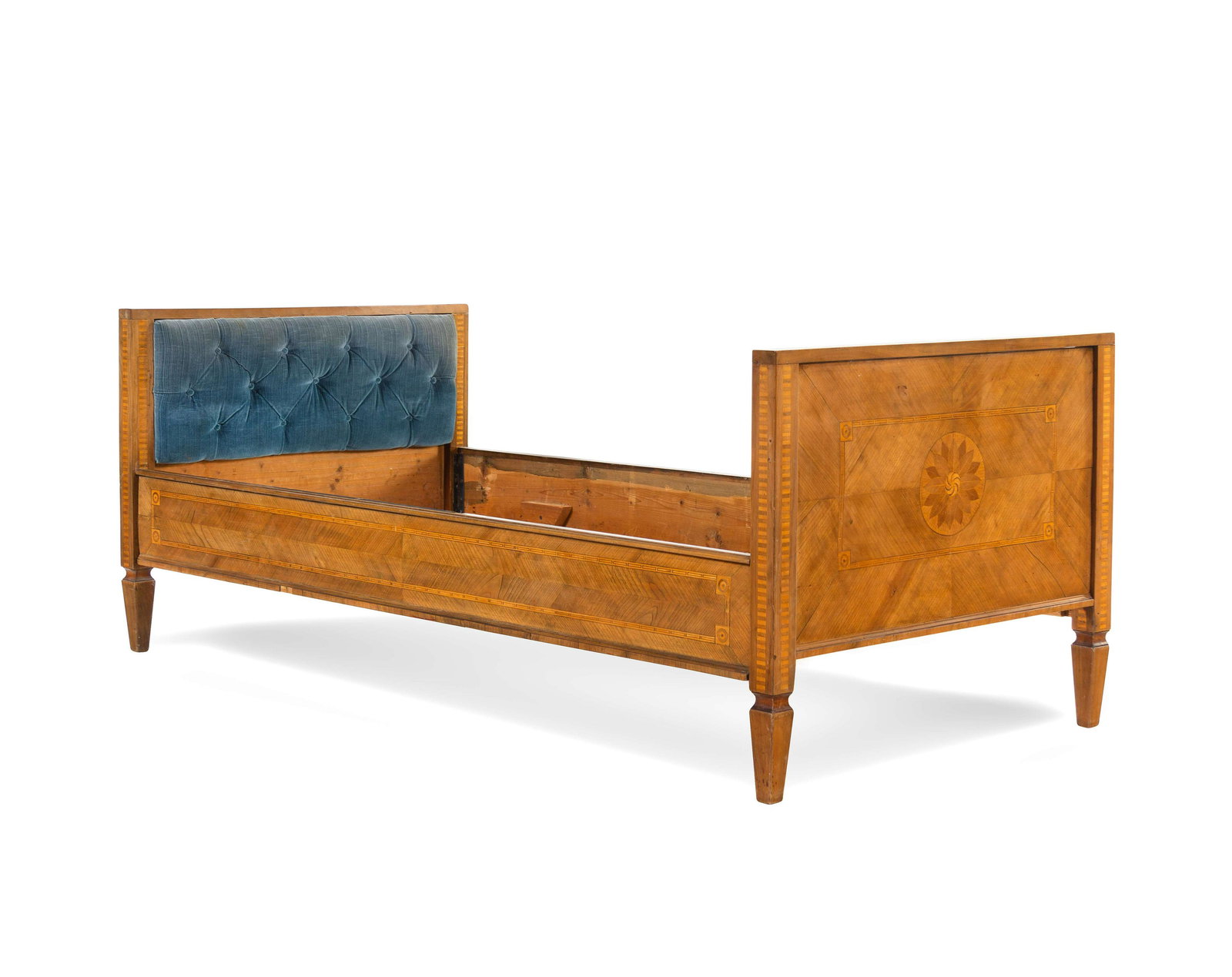 A Directoire Style Marquetry Day Bed: A Directoire Style Marquetry Day Bed 19th Century Height 31 1/2 x width 78 1/2 x depth 39 1/4 inches. 