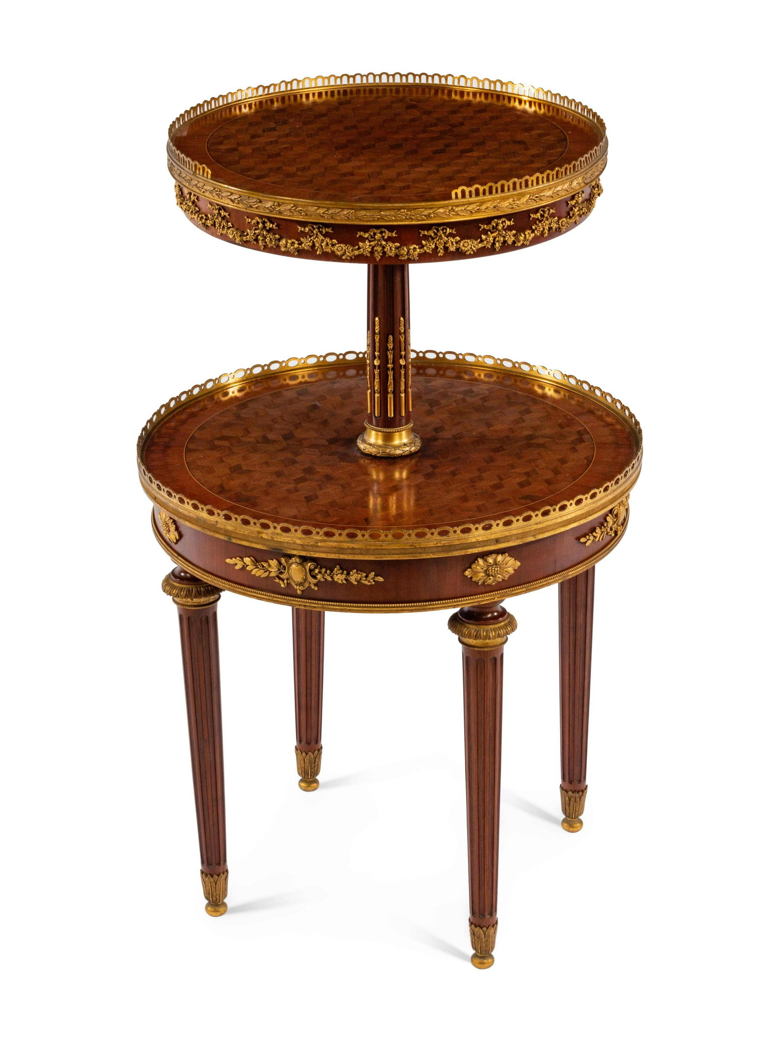 A Napoleon III Style Gilt Bronze Mounted Parquetry: A Napoleon III Style Gilt Bronze Mounted Parquetry Two-Tier Table Marked F. Linke, Early 20th Century Height 31 1/2 x diameter of larger tier 19 1/2 inches.
