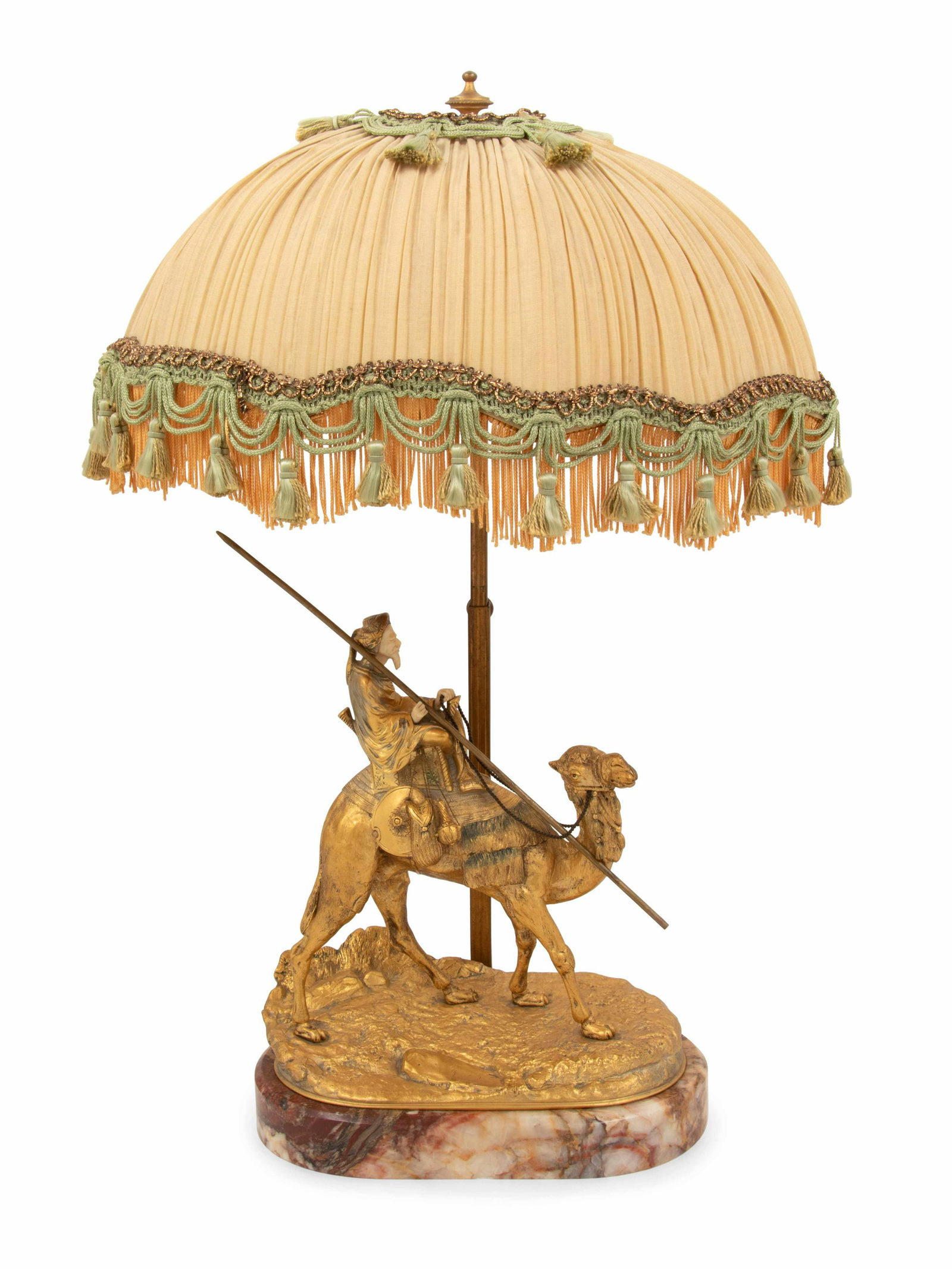 After Agathon Leonard (French, 1841-1923): After Agathon Leonard (French, 1841-1923) Late 19th Century Oriental chevauchant un dromadaire gilt bronze, mounted as a lamp signed A. Leonard, stamped 6681, France Height overall 21 1/2 inches.