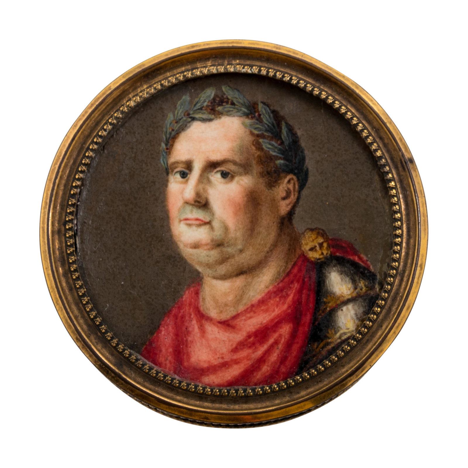 A Continental Gilt Metal and Tortoise Shell Mounted: A Continental Gilt Metal and Tortoise Shell Mounted Portrait Snuff Box 19th Century Diameter 2 5/8 inches. Property from a Private Collector, Chicago, Illinois
