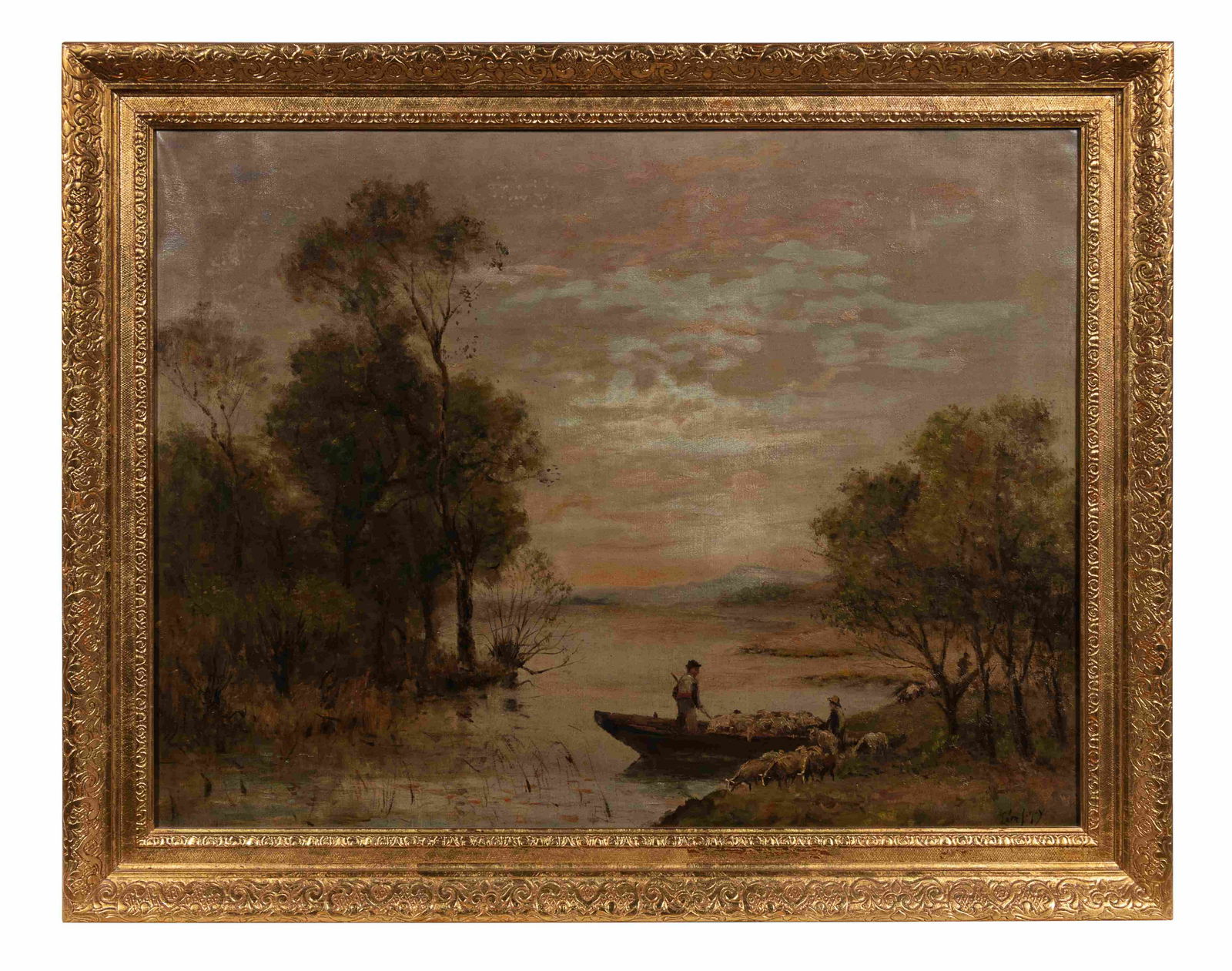 Leon Japy (French, 19th Century): Leon Japy (French, 19th Century) River Scene with Shepherds and Their Flock oil on canvas signed Leon Japy (lower right) 24 1/4 x 31 3/4 inches.