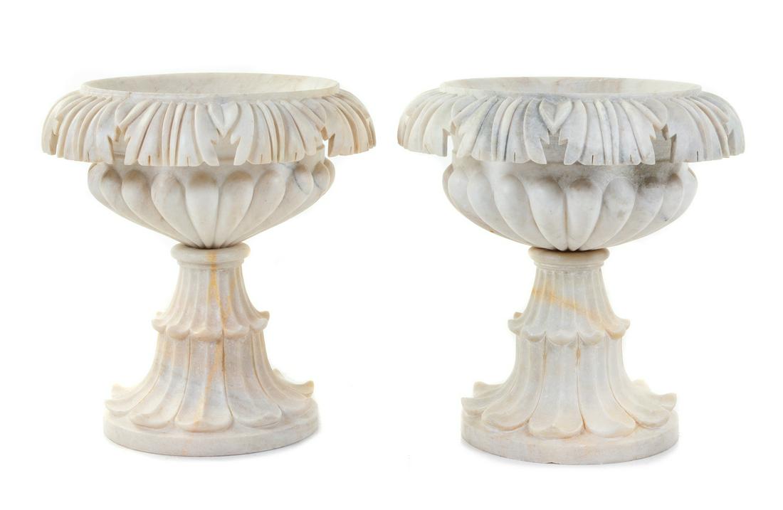 A Pair of Carved Marble Urns: A Pair of Carved Marble Urns Late 19th Century Height 21 inches. Provenance: Guy Regal Ltd., New York