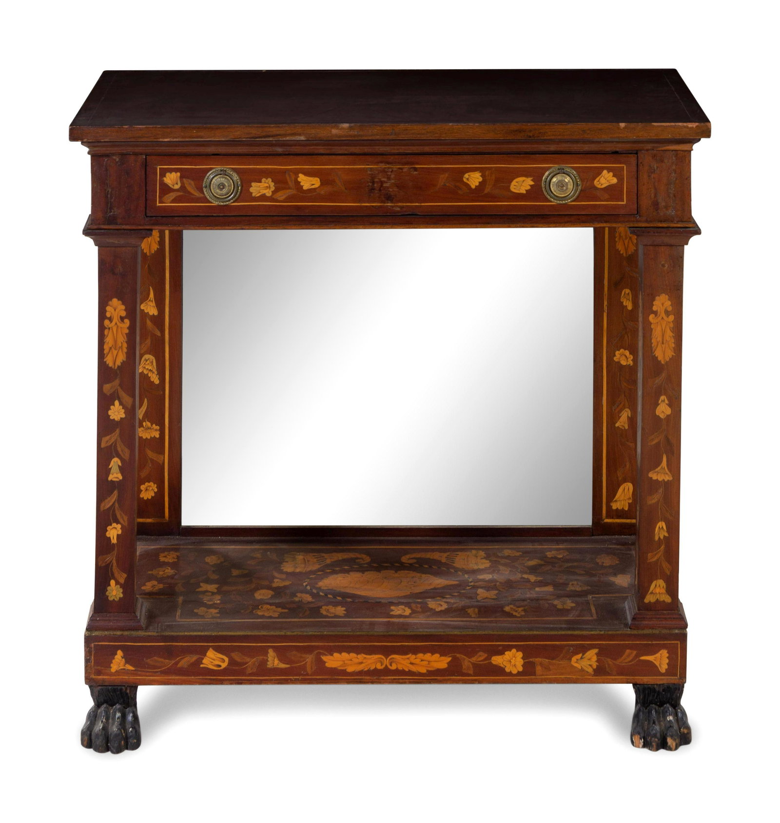 A Dutch Mahogany and Marquetry Mirrored Console Table: A Dutch Mahogany and Marquetry Mirrored Console Table 19th Century Height 32 7/8 x width 32 5/8 x depth 16 inches.