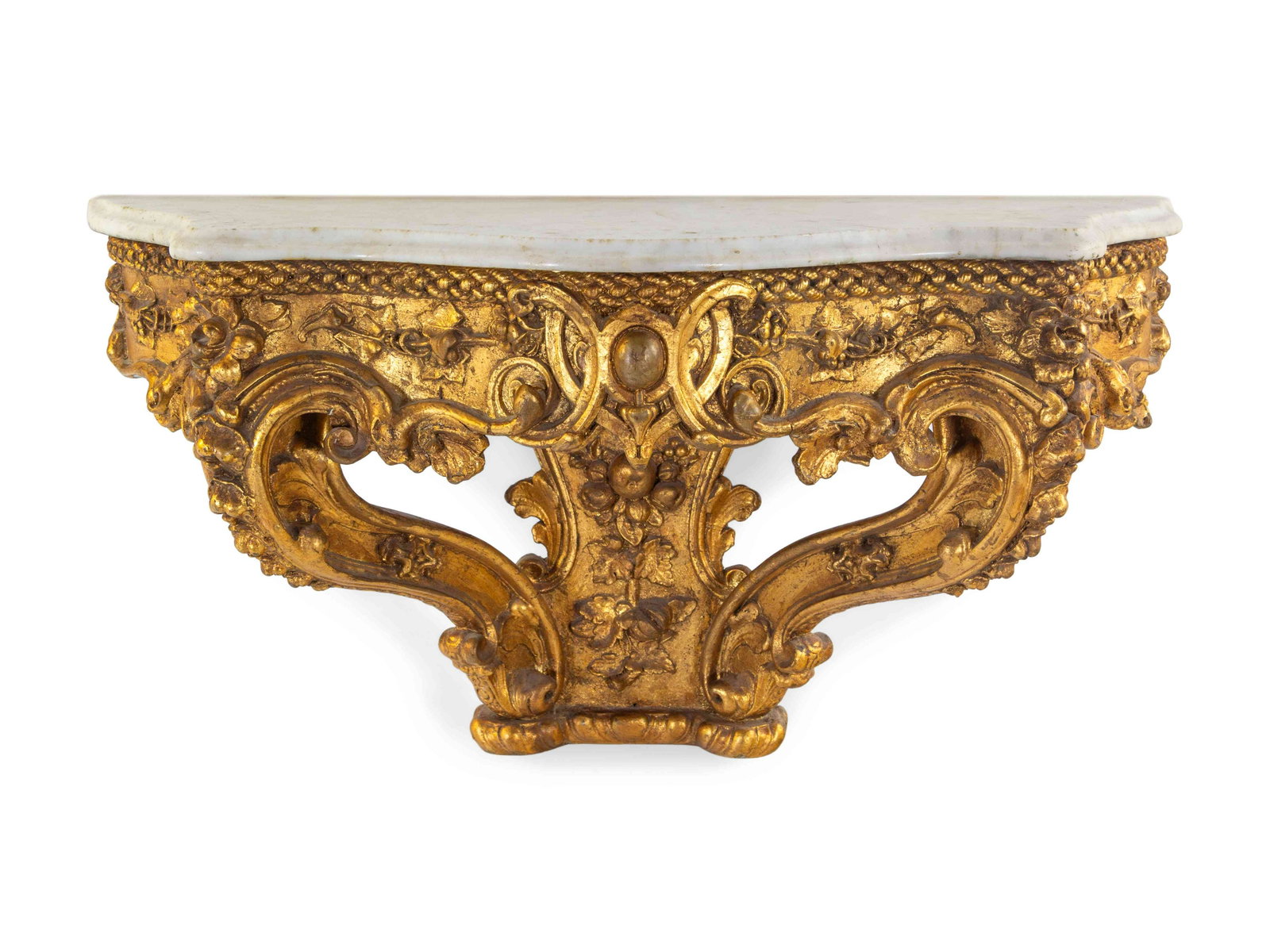 An Italian Rococo Carved Giltwood Marble Top Console: An Italian Rococo Carved Giltwood Marble Top Console d'Applique 19th Century Height 22 x width 38 x depth 15 inches. Property from the Estate of a Midwest Collector, Milwaukee, Wisconsin