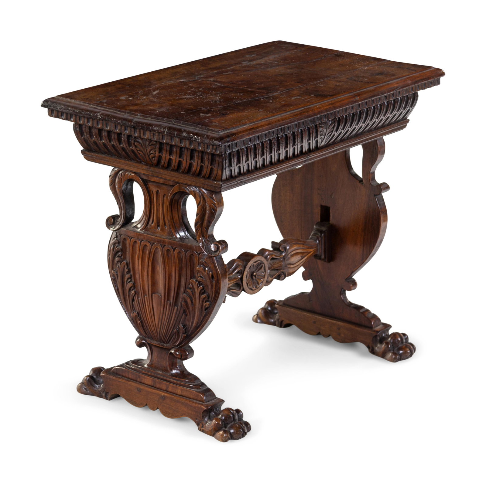 A Renaissance Revival Carved Walnut Low Trestle Table: A Renaissance Revival Carved Walnut Low Trestle Table 19th Century with Earlier Elements Height 23 7/8 x width 28 1/4 x depth 17 5/8 inches. Property Sold to Benefit the Acquisition Fund of The San Di