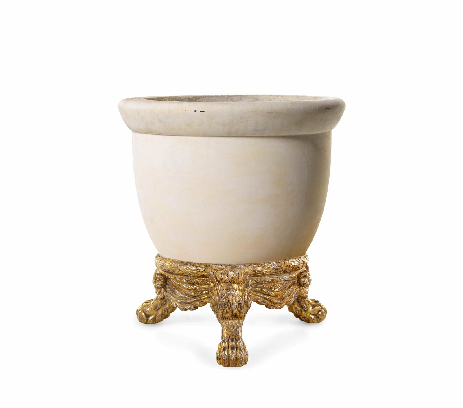 A Cast Stone Jardiniere with an Italian Baroque Style: A Cast Stone Jardiniere with an Italian Baroque Style Giltwood Base 20th Century Height 22 x diameter 29 inches. Provenance: Thomas W. Morgan Inc., Los Angeles