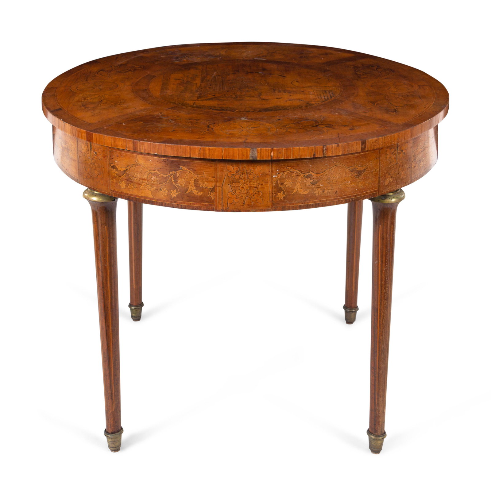 A Continental Marquetry Decorated Center Table: A Continental Marquetry Decorated Center Table 19th Century Height 29 1/4 x diameter of top 39 1/2 inches.