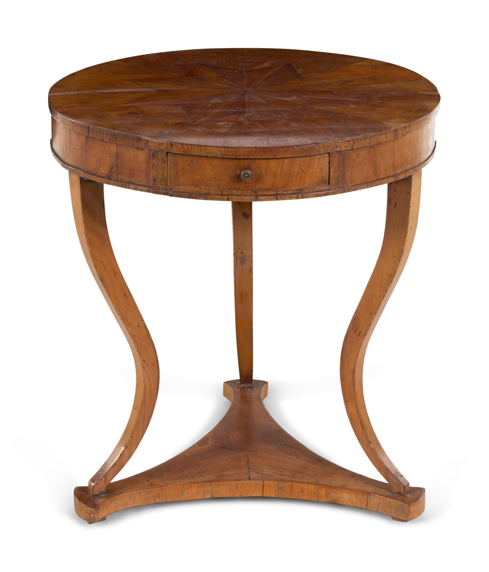 A Biedermeier Star-Inlaid Fruitwood Side Table: A Biedermeier Star-Inlaid Fruitwood Side Table 19th Century Height 29 3/4 x width 27 x depth 26 3/4 inches. Property from the Estate of Dorothy Manewal Stephens, St. Louis, Missouri