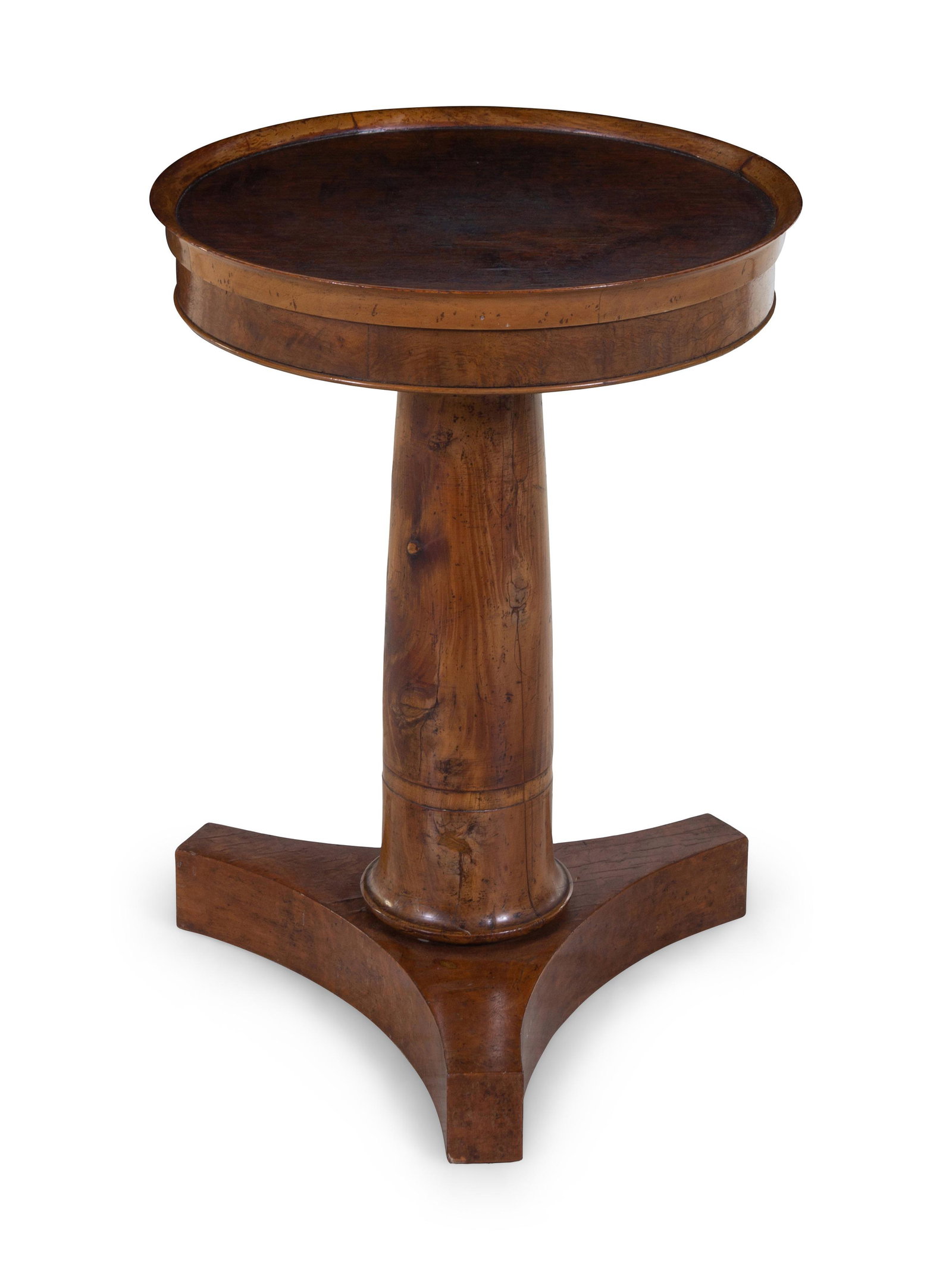 A Biedermeier Burlwood Pedestal Table: A Biedermeier Burlwood Pedestal Table 19th Century Height 26 1/2 x diameter of top 19 1/2 inches. Property from the Estate of Dorothy Manewal Stephens, St. Louis, Missouri