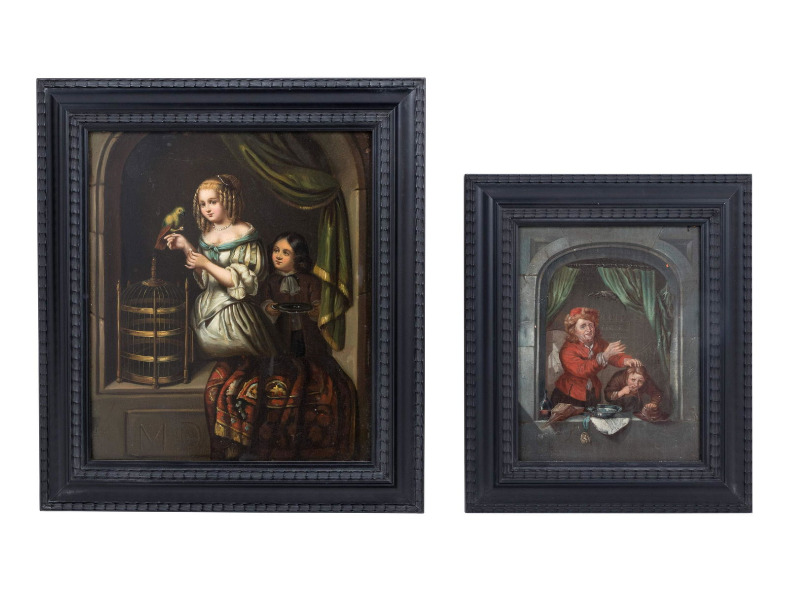 Dutch School, 18th/19th Century: Dutch School, 18th/19th Century Birdcage and Punishment (two works) oil on panel Larger example: 9 3/8 x 8 inches (sight). Property from a Private Collector, Chicago, Illinois